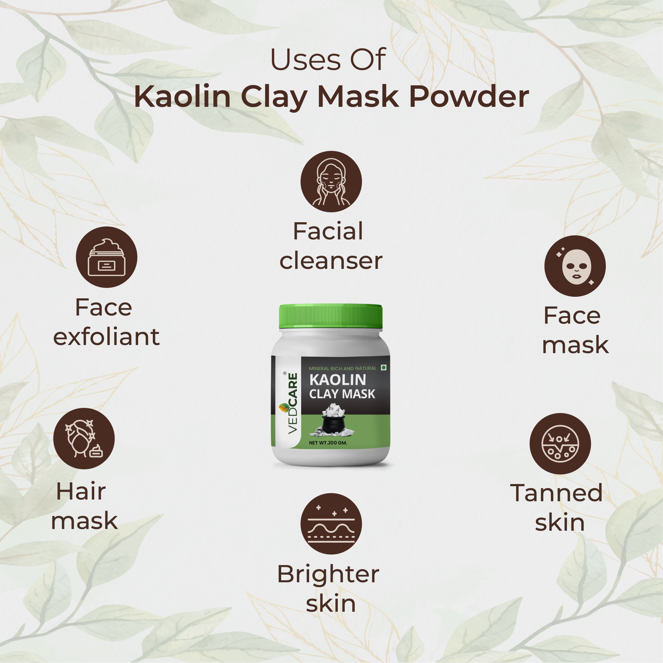 Kaolin Clay Mask Powder with its uses on a light green leafy background