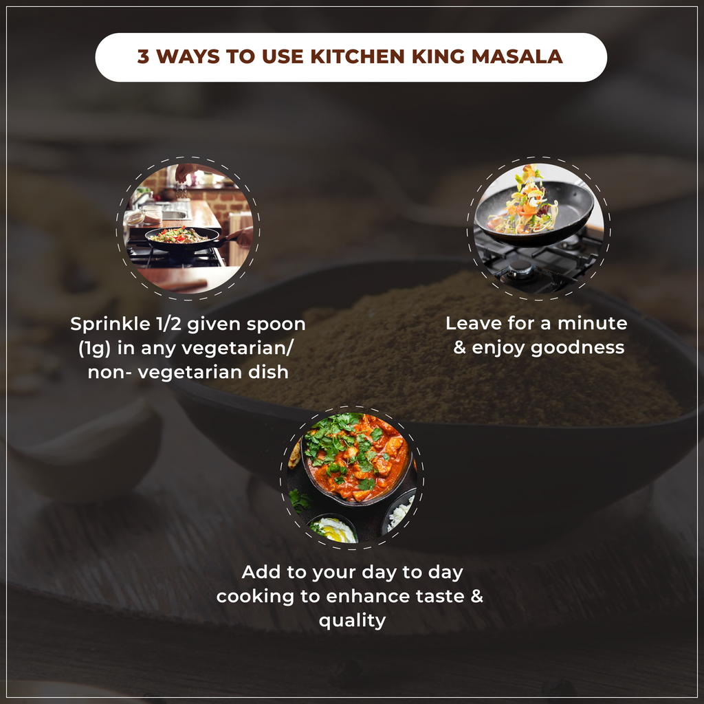 Instructions on using Kitchen King Masala with images of food preparation.