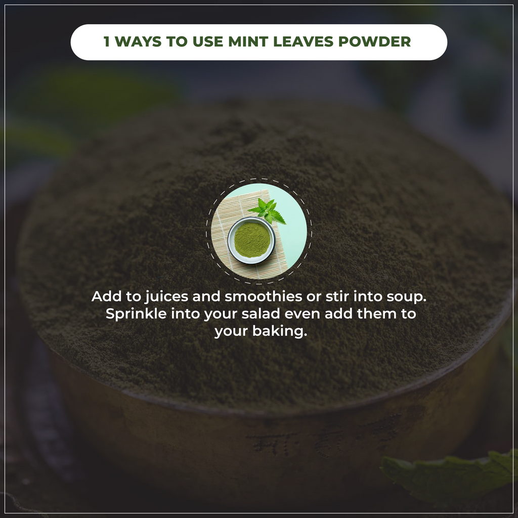 Mint leaves powder container with usage instructions on a dark background