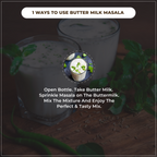 Glass of butter milk with text on how to use butter milk masala.