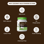 Velicare Organic Coconut Milk Powder container with health benefits on a brown background