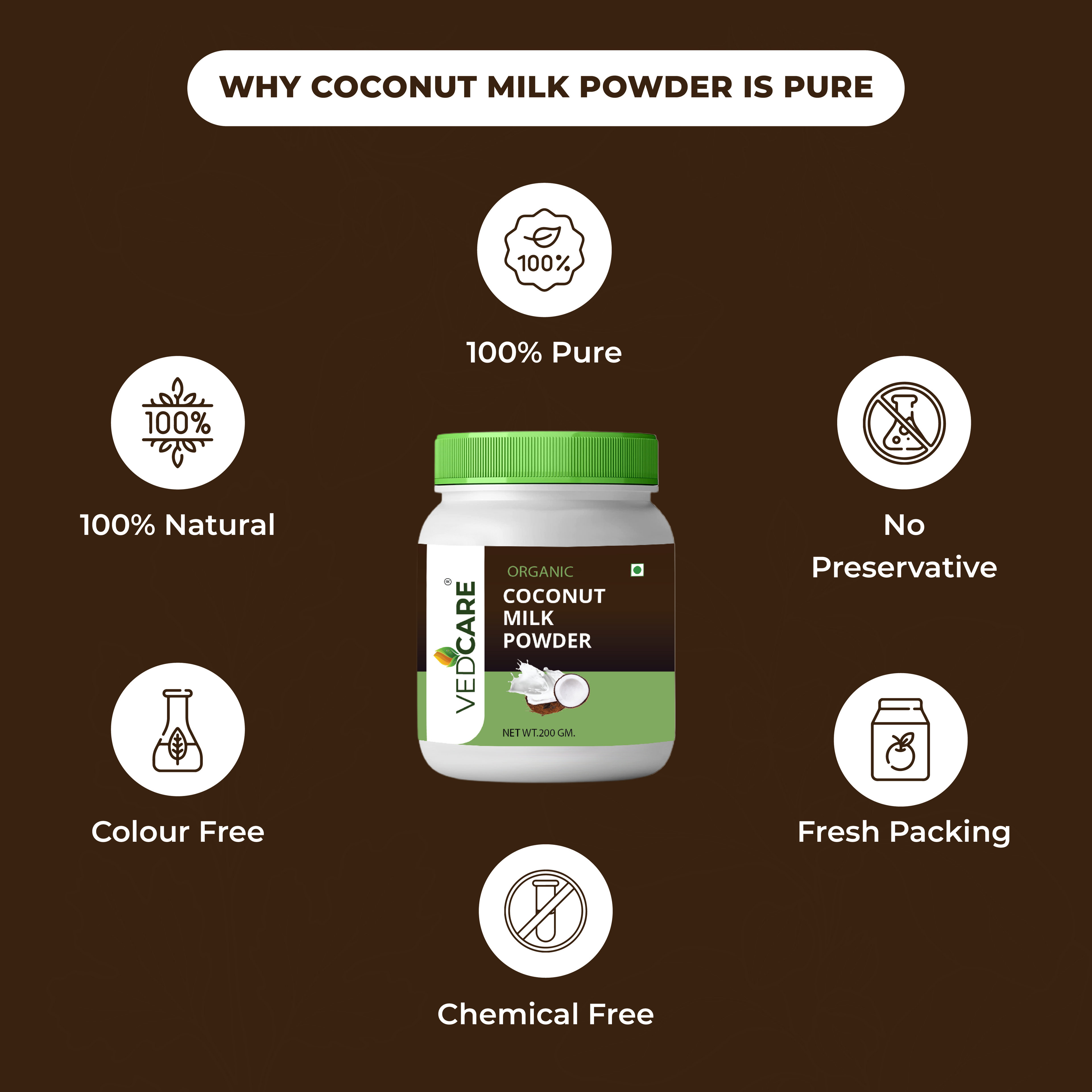 Velicare Organic Coconut Milk Powder container with health benefits on a brown background