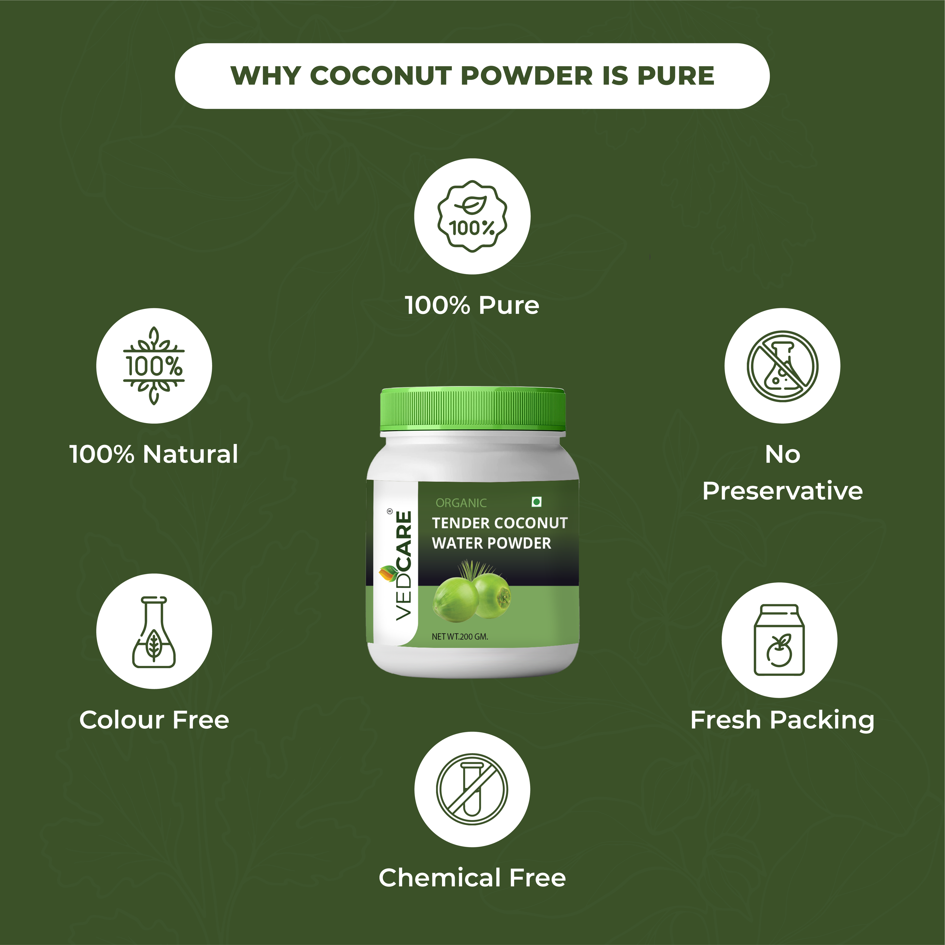 VelaCare Tender Coconut Water Powder jar with health benefits on a green background