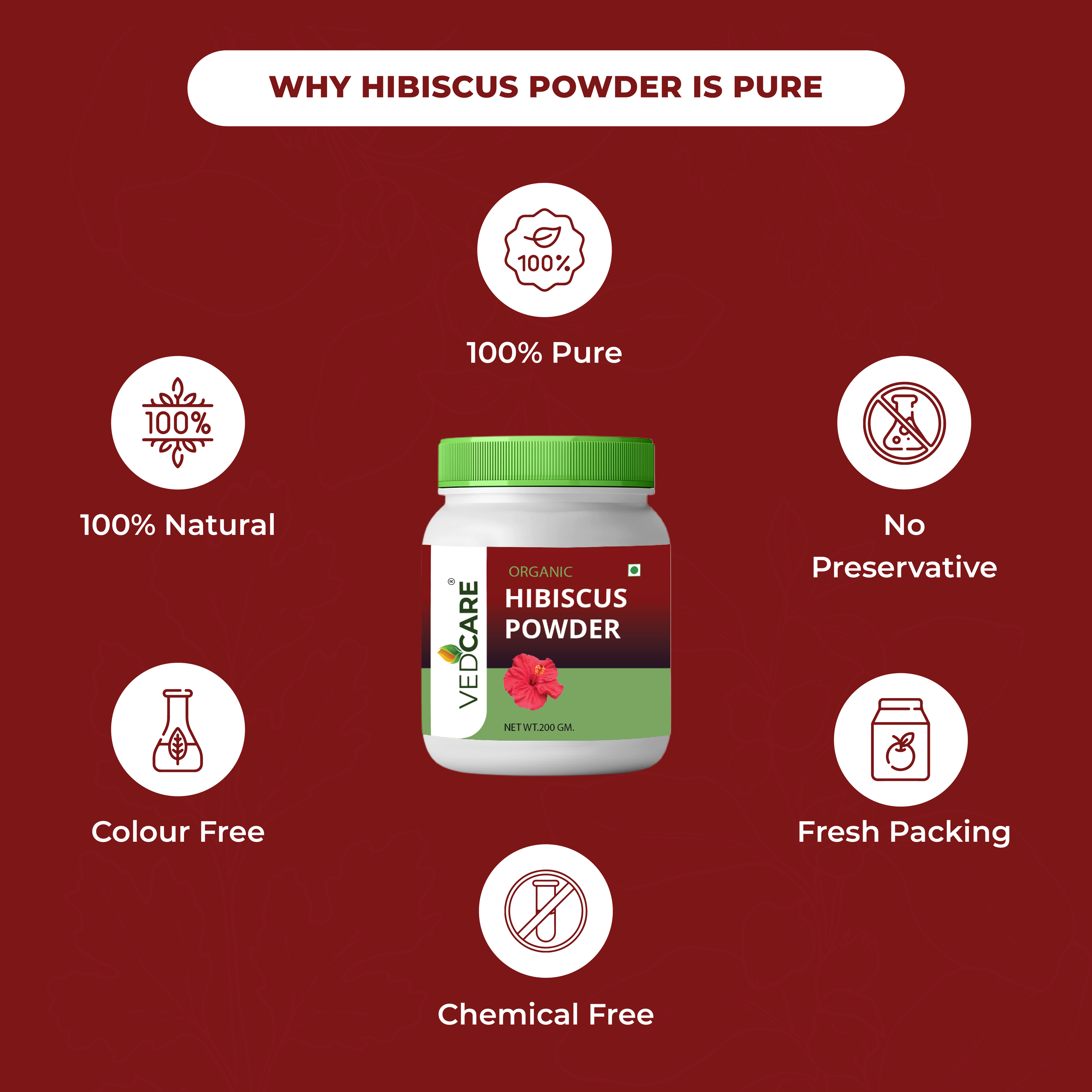 Vedocare Hibiscus Powder jar with purity features on a red background