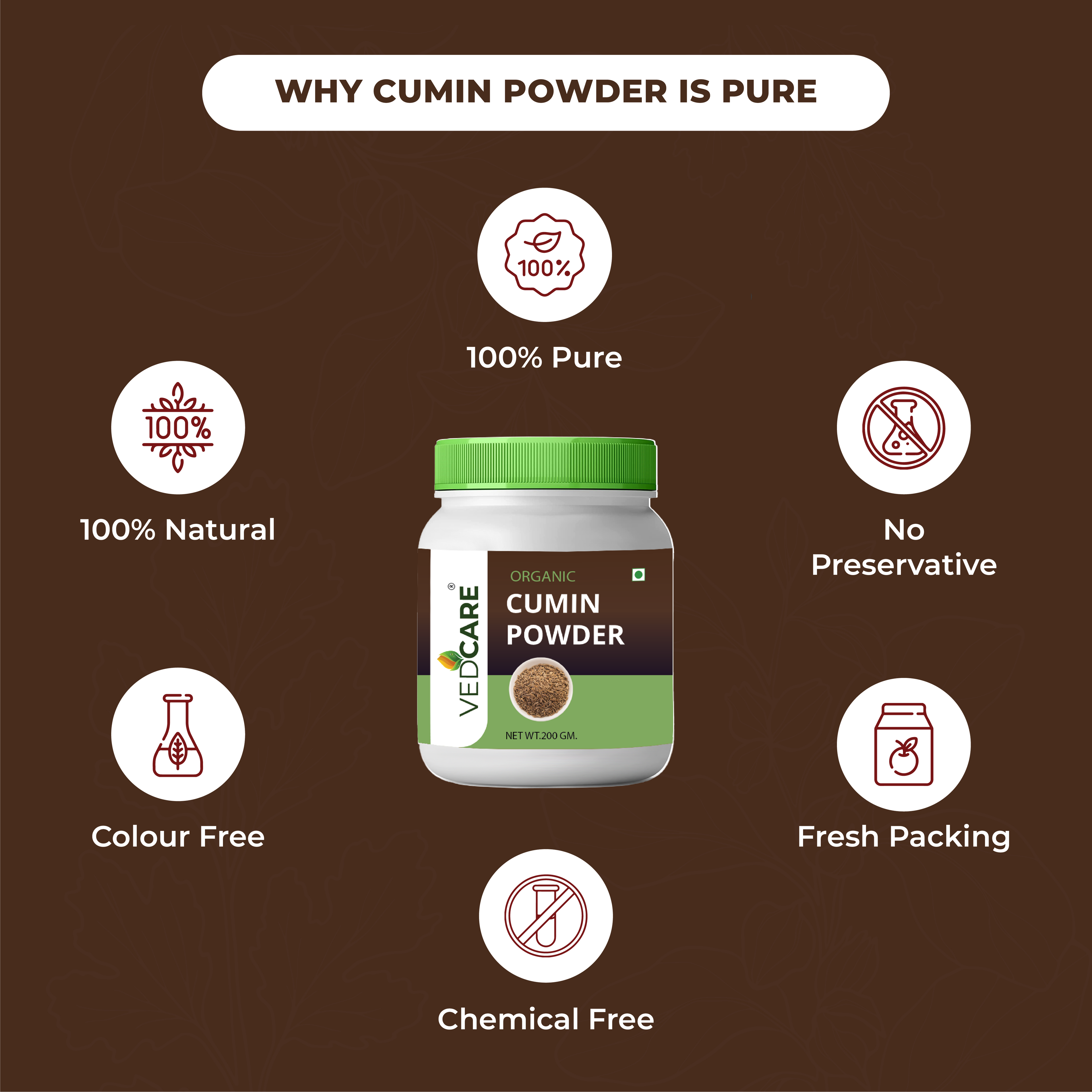 Vedicare cumin powder jar with purity certification icons on a brown background