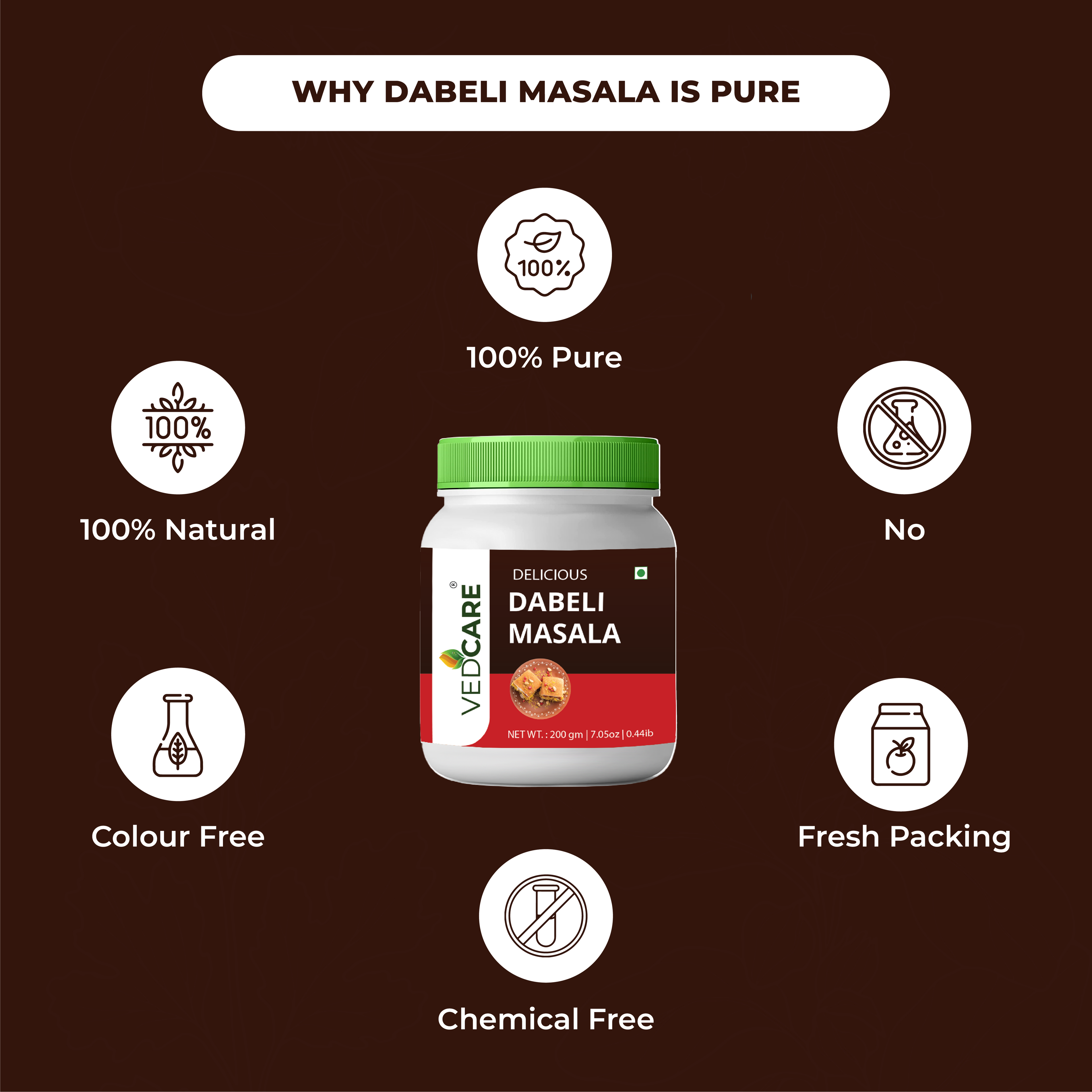 Vedcare Dabeli Masala jar with health benefits on a brown background