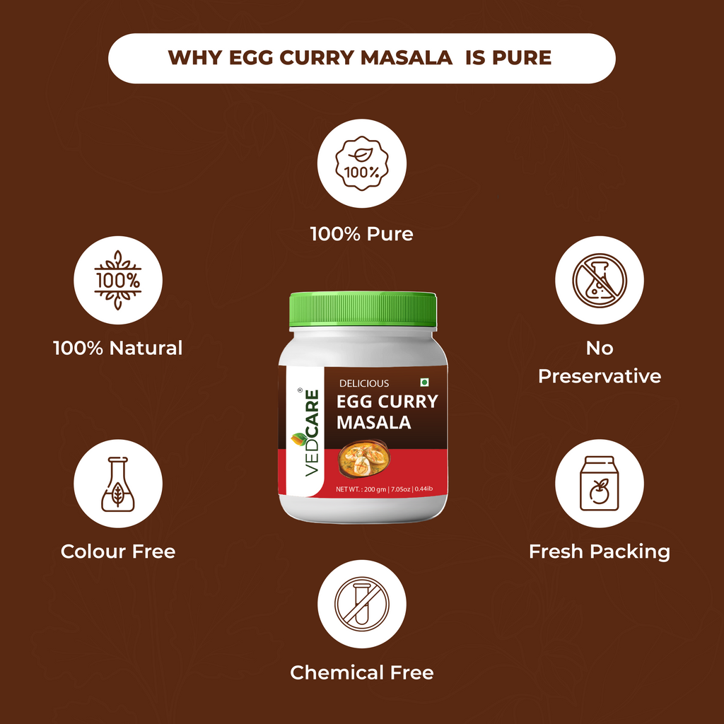Vedcare Egg Curry Masala jar with health benefits on a brown background