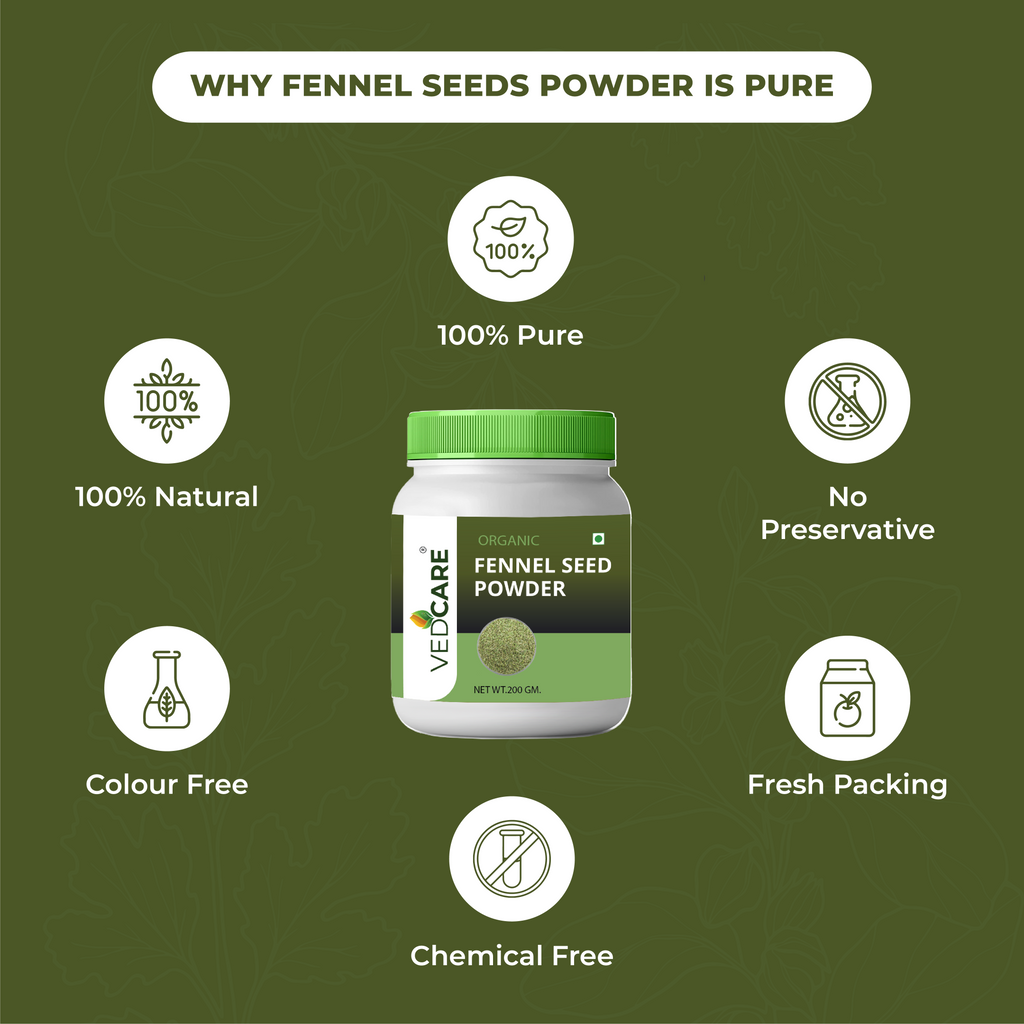 Vedcare Fennel Seed Powder container with health benefits on a green background