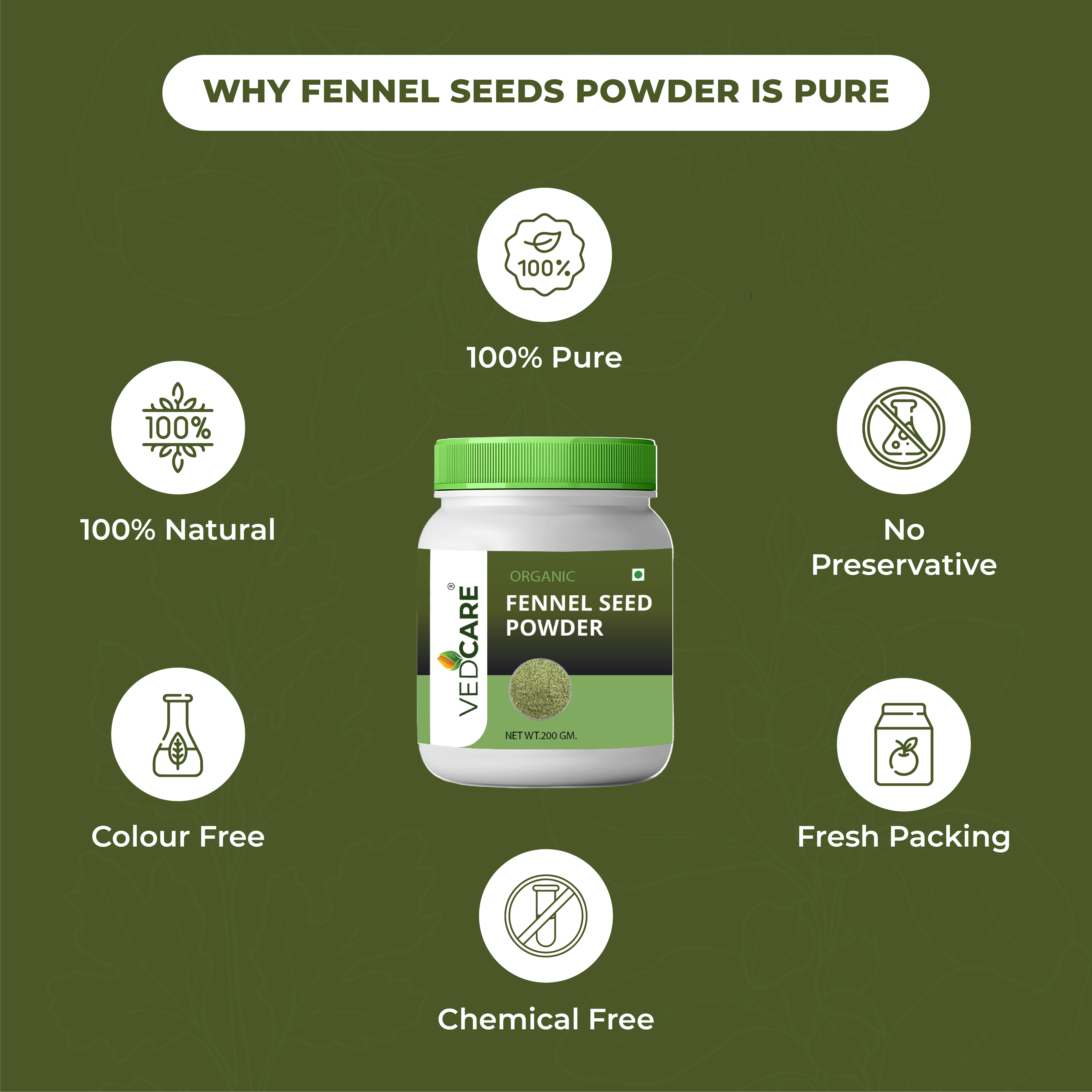 Vedcare Fennel Seed Powder container with health benefits on a green background