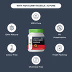 Vedcare Fish Curry Masala jar with health benefits on a dark blue background