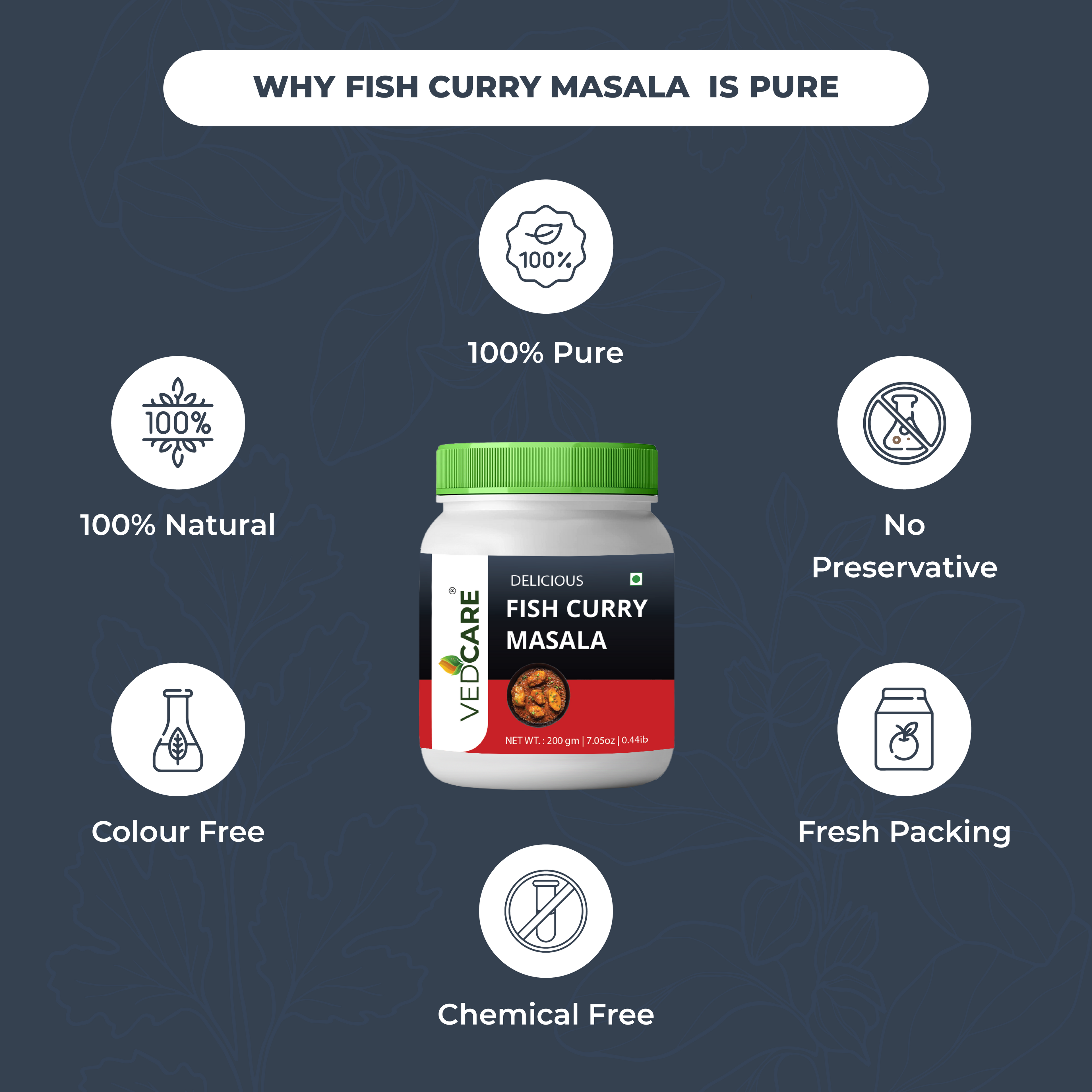 Vedcare Fish Curry Masala jar with health benefits on a dark blue background