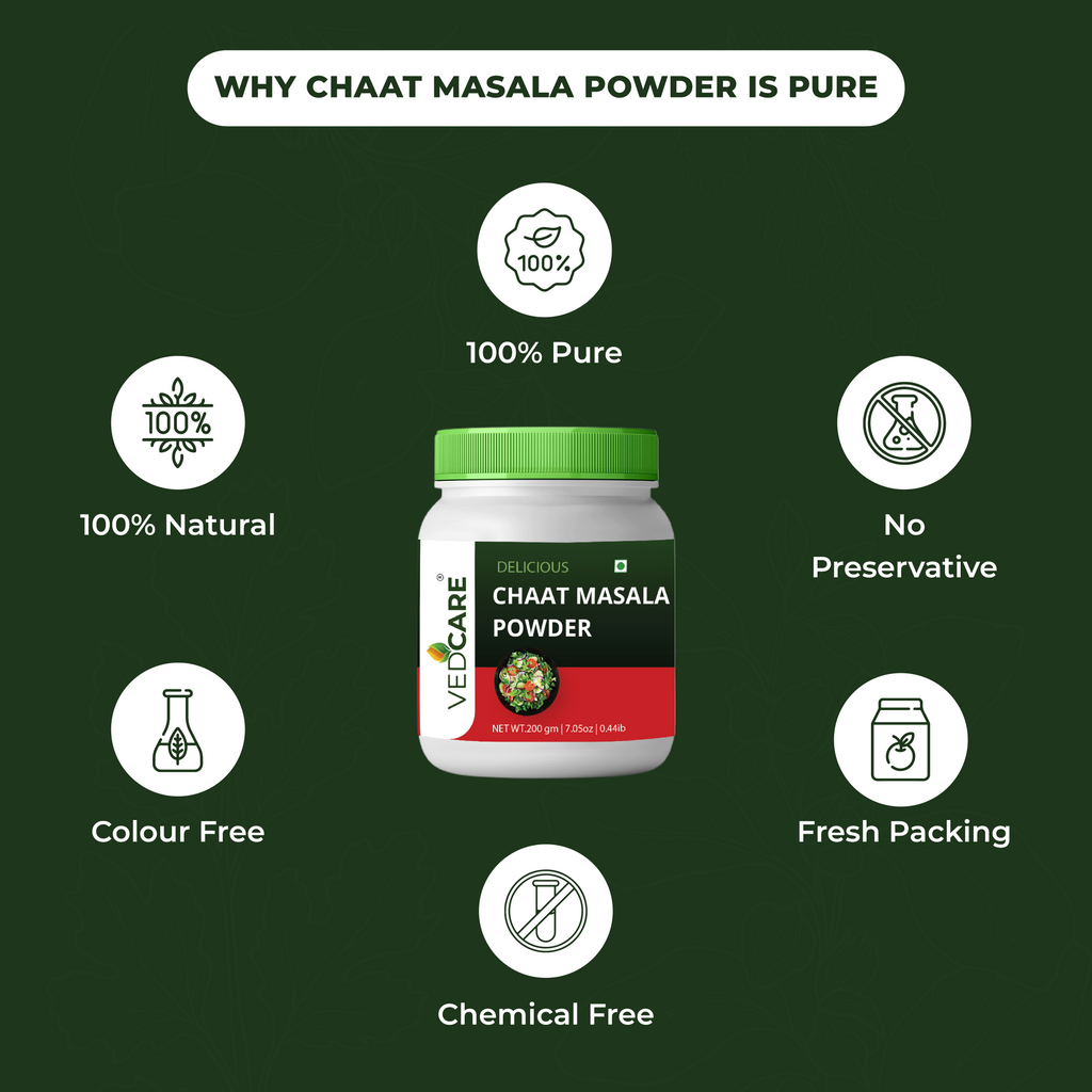Vedcare Chaat Masala Powder packaging with health benefits on a green background
