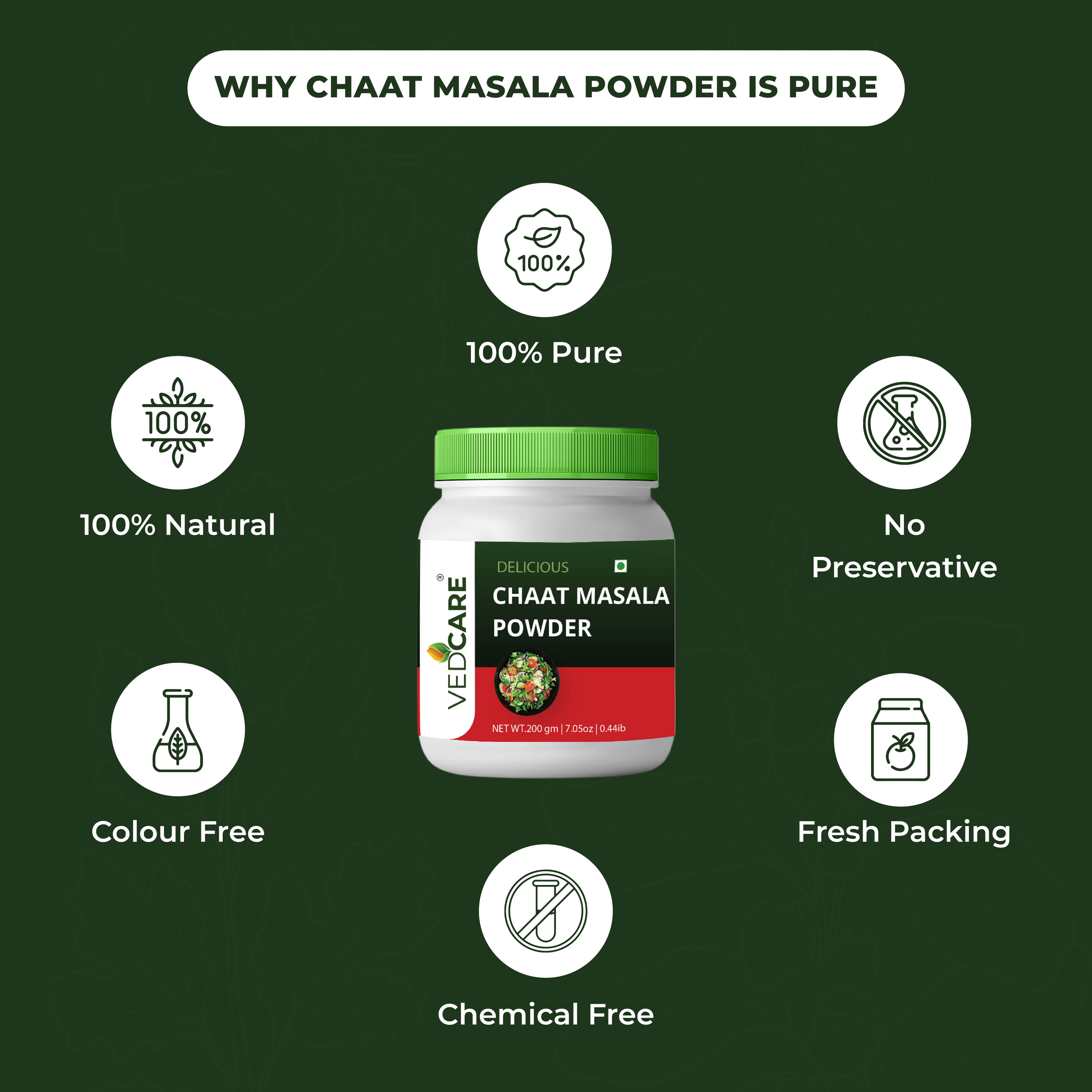 Vedcare Chaat Masala Powder packaging with health benefits on a green background