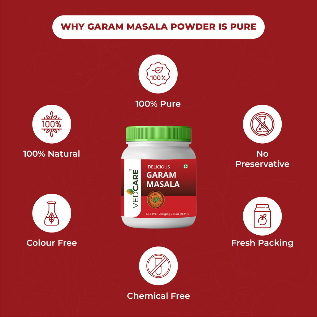 Vedcare Garam Masala powder jar with purity features on a red background