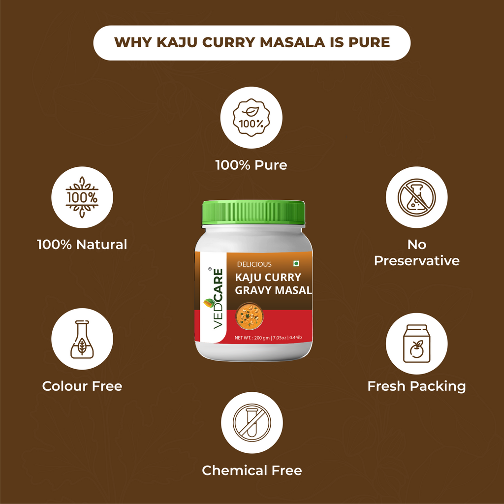 Vedicare Kaju Curry Gravy Masala jar with health benefits on a brown background