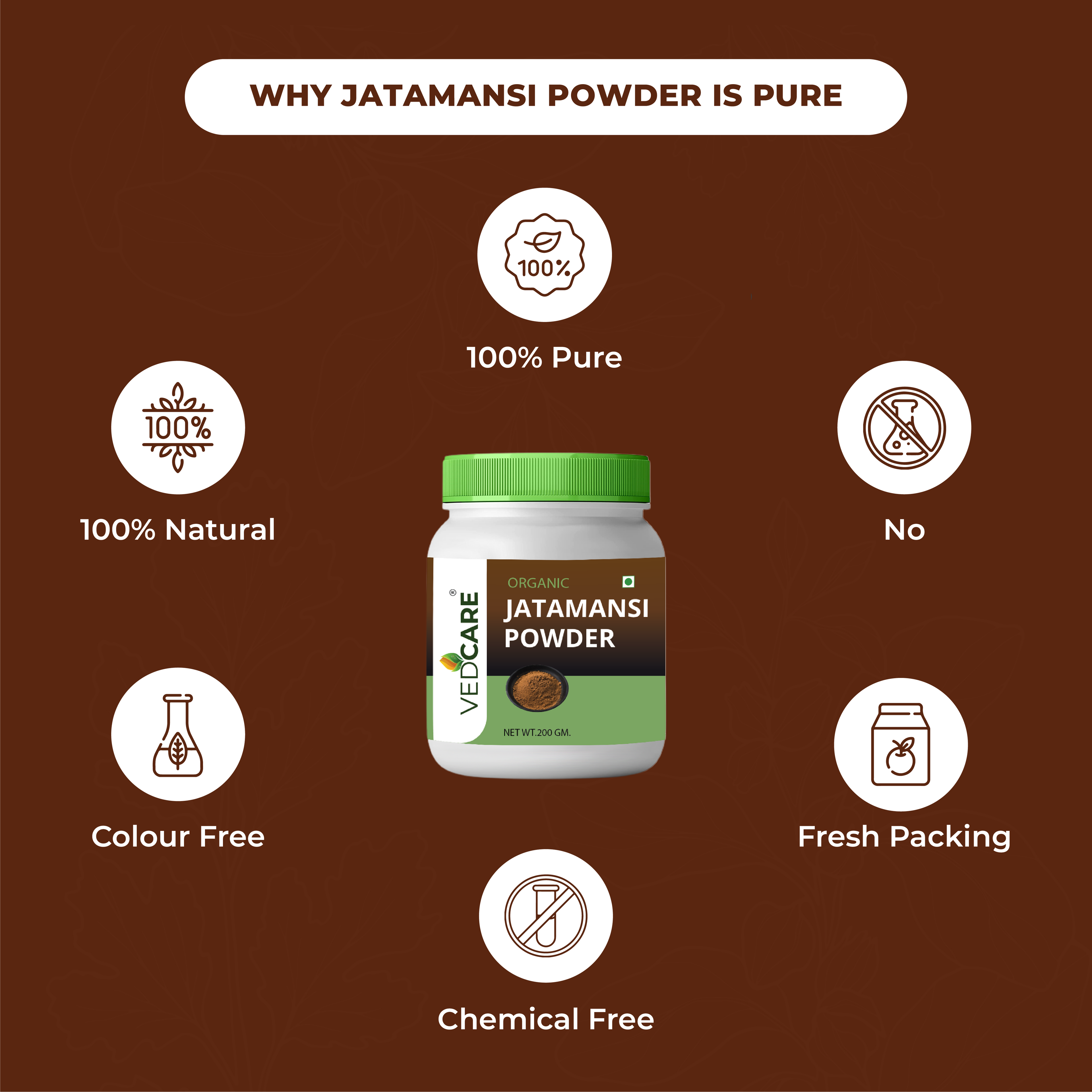 VelaCare Jatamansi Powder container with certification icons on a brown background