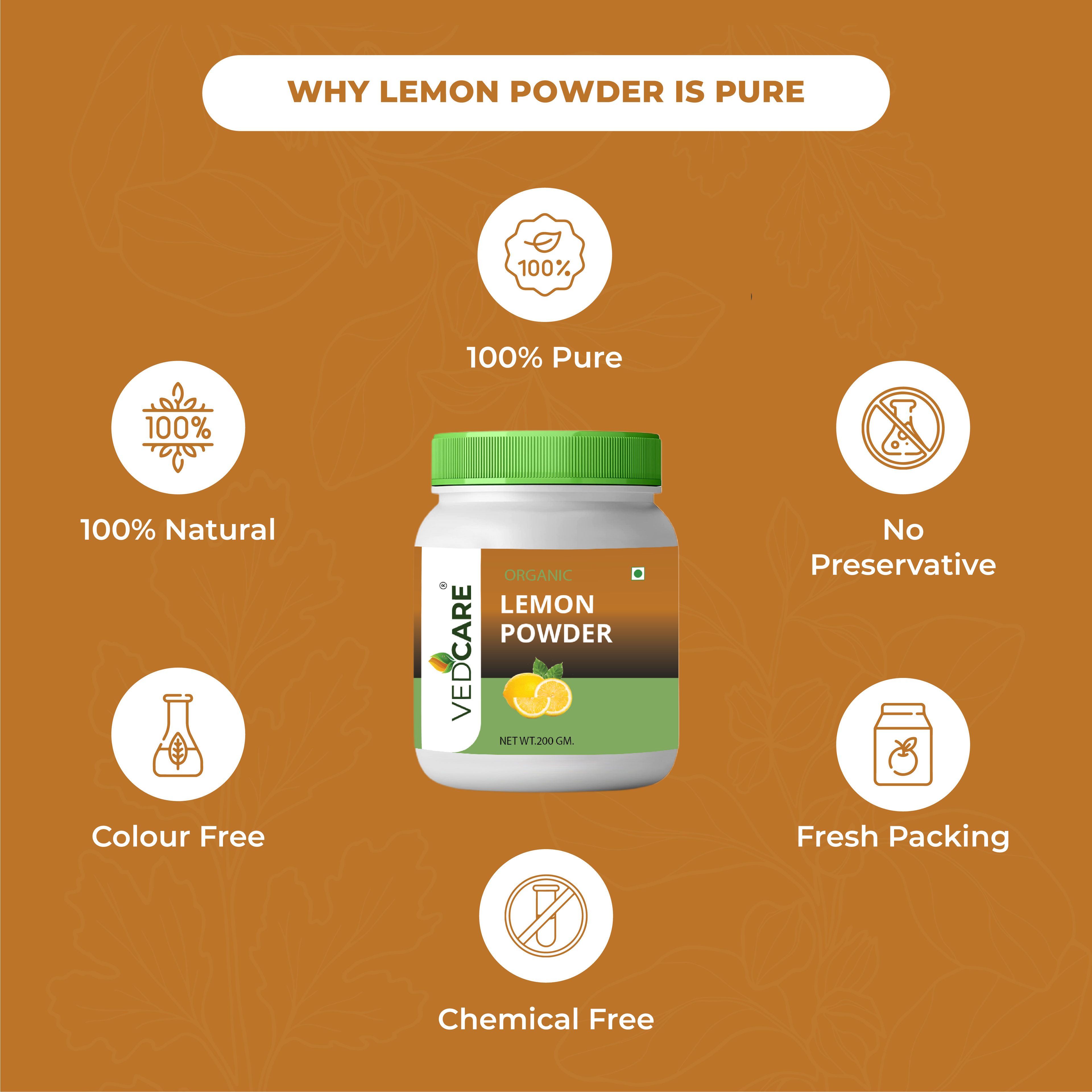 Velicare Lemon Powder jar with health benefits on a brown background