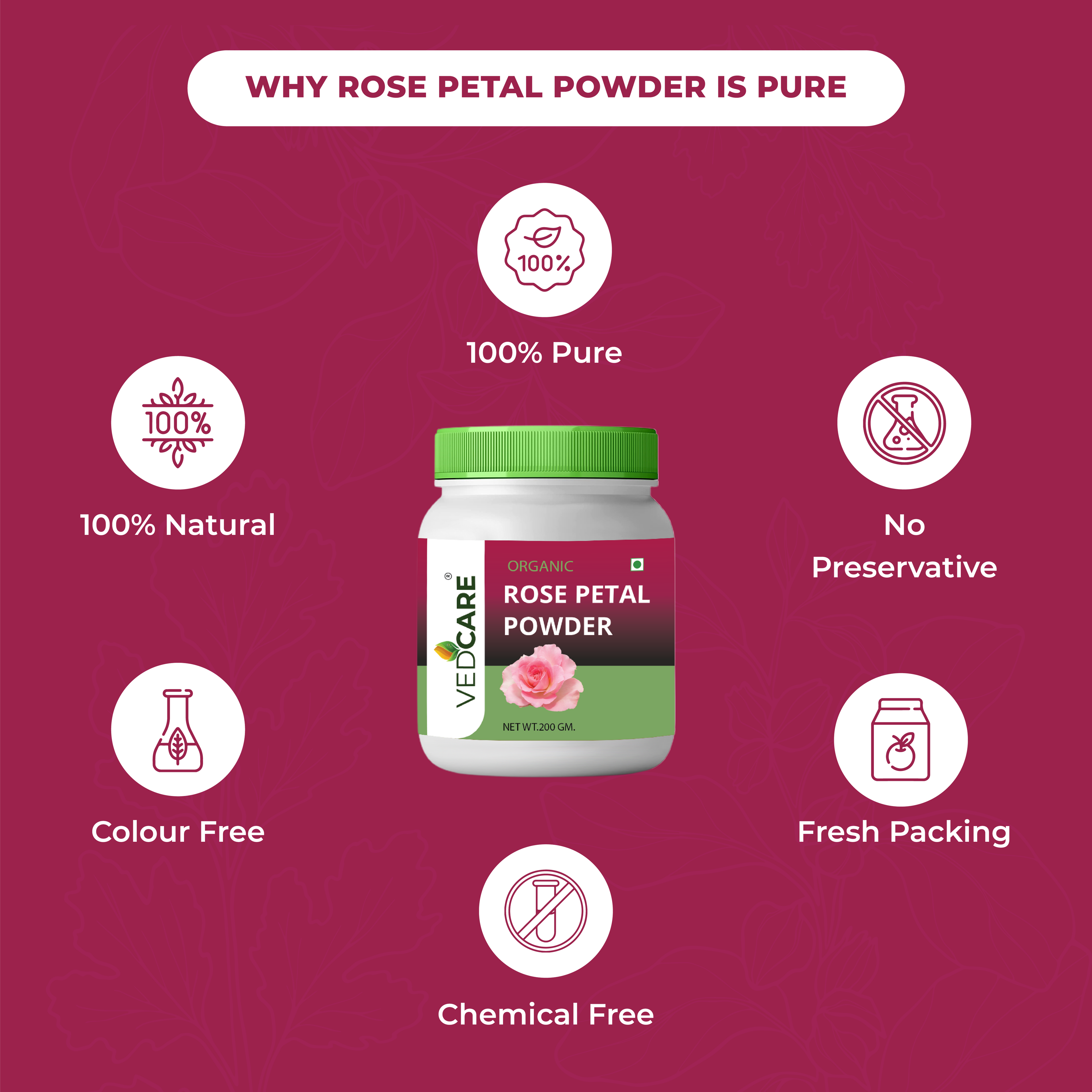 Vedacare Rose Petal Powder jar with purity features on a pink background