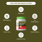 Vedcare Pani Puri Masala jar with health benefits on a green background