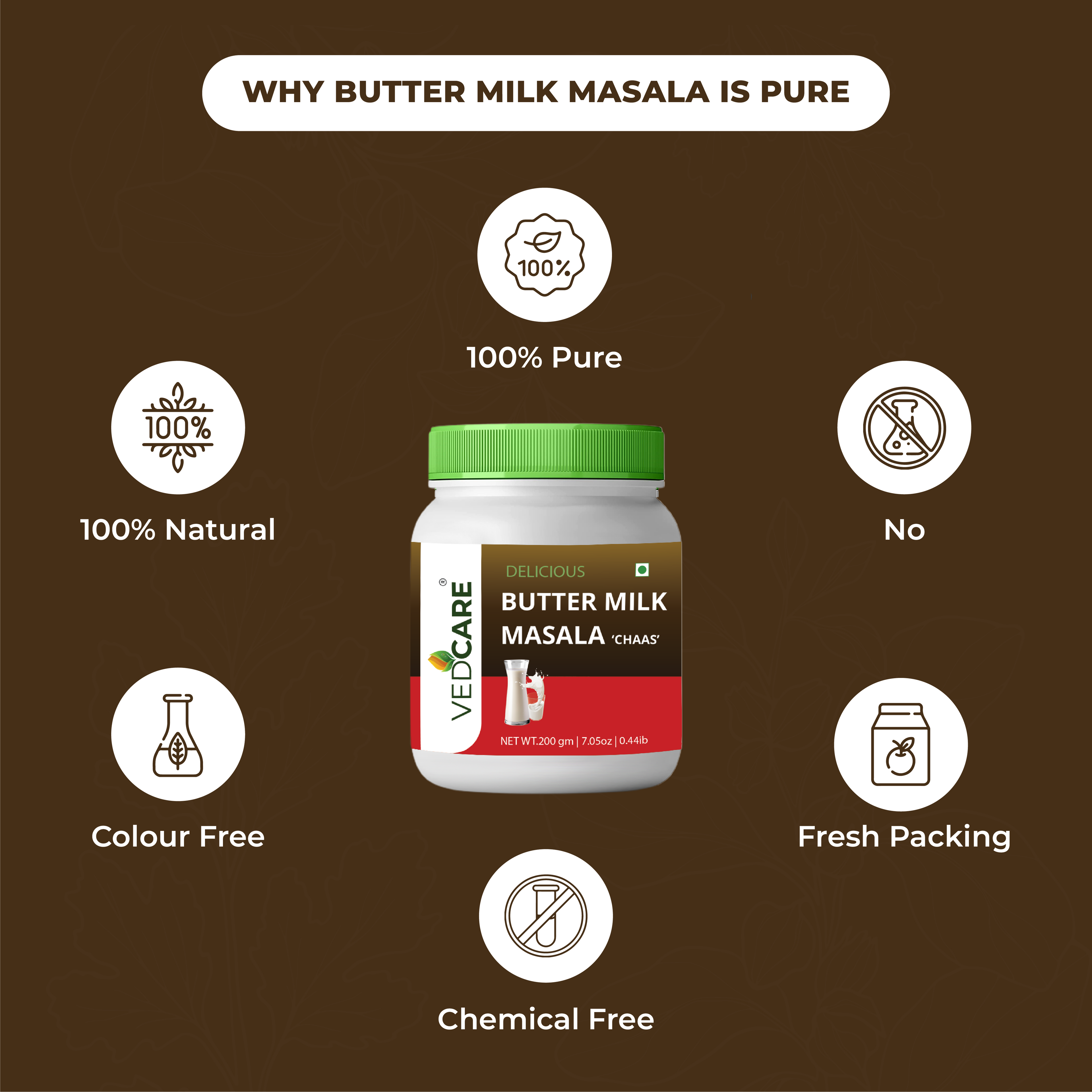 Velicare Butter Milk Masala jar with health benefits on a brown background