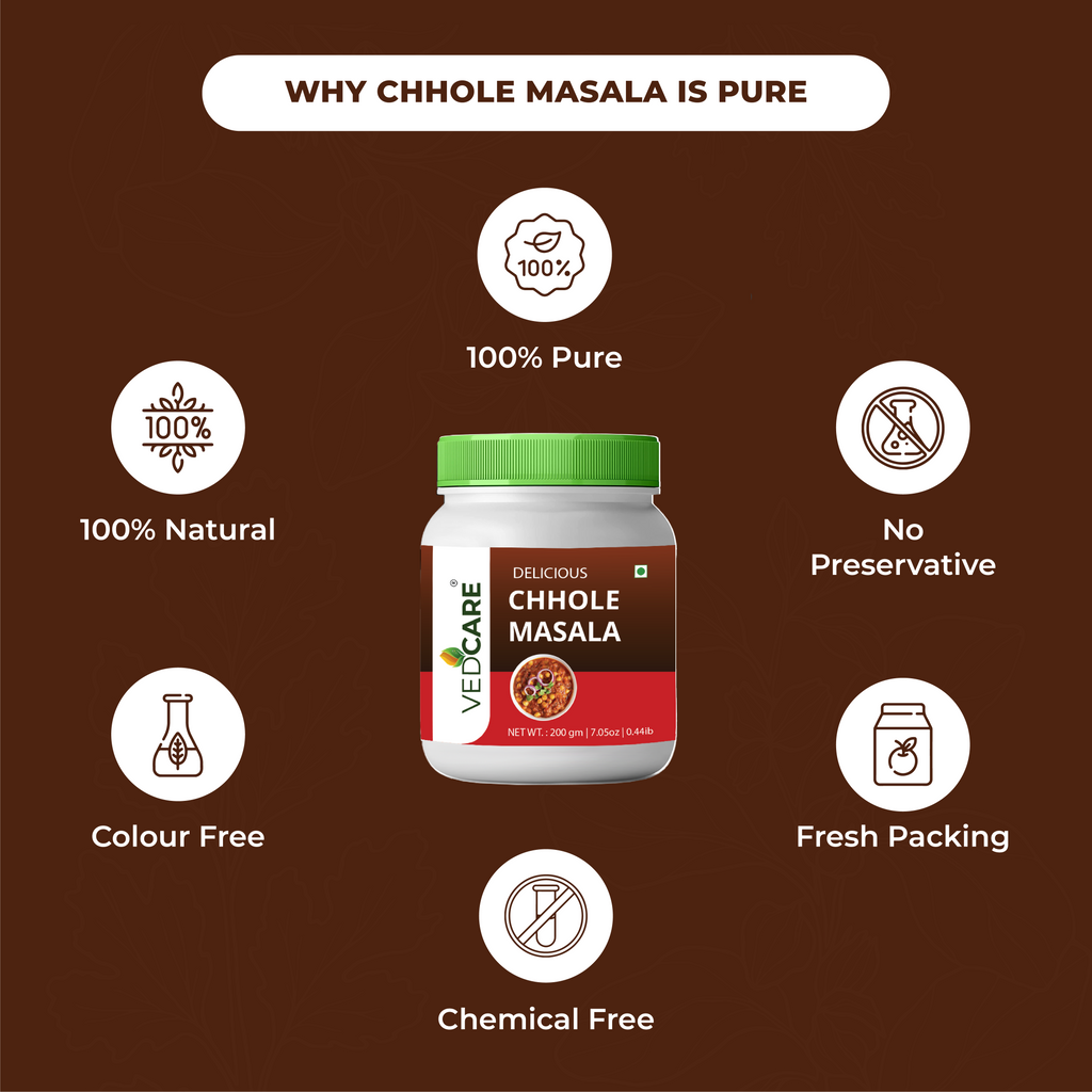 Vedocare Chhole Masala jar with health benefits on a brown background