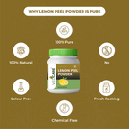 Vedacare Lemon Peel Powder packaging with health benefits on a brown background