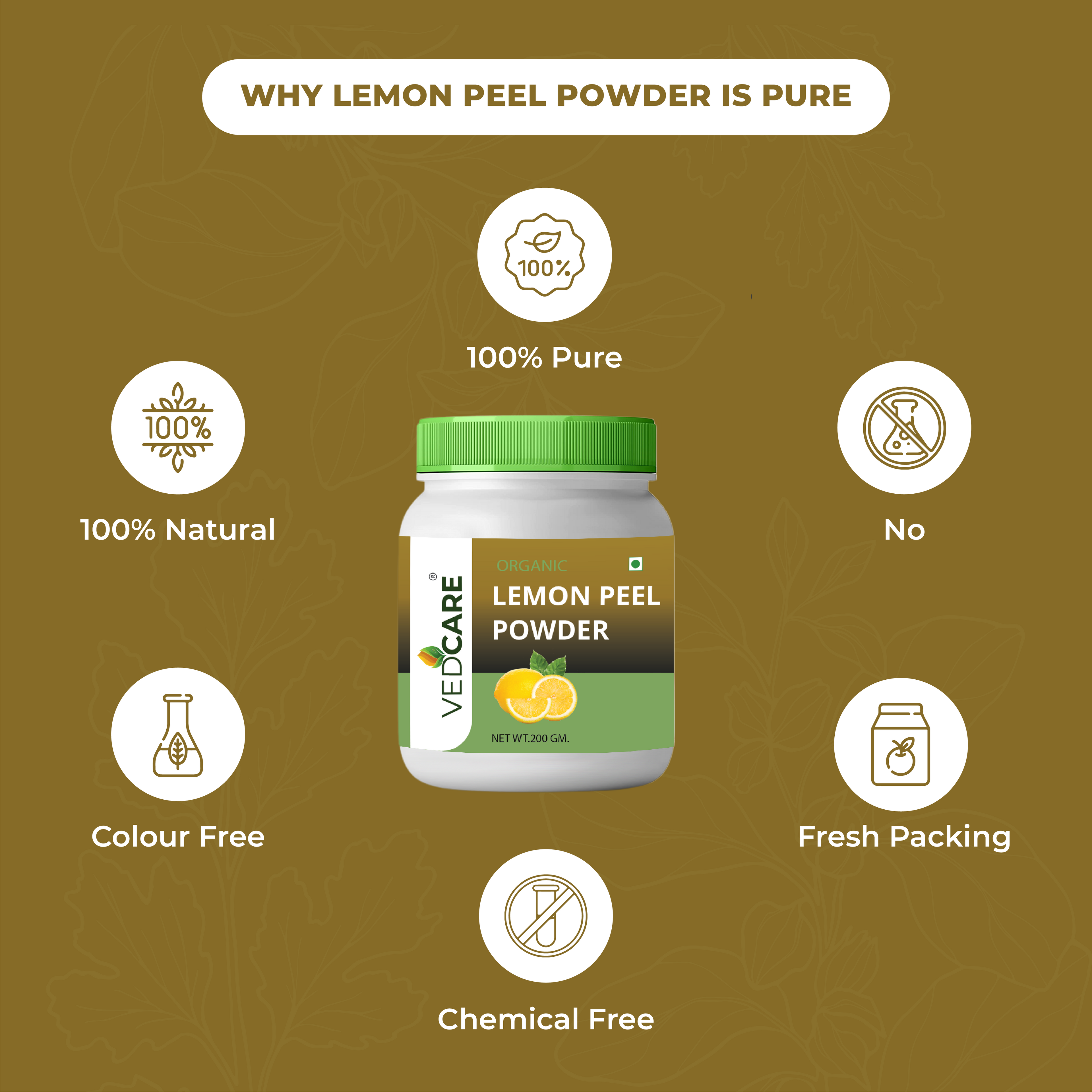 Vedacare Lemon Peel Powder packaging with health benefits on a brown background