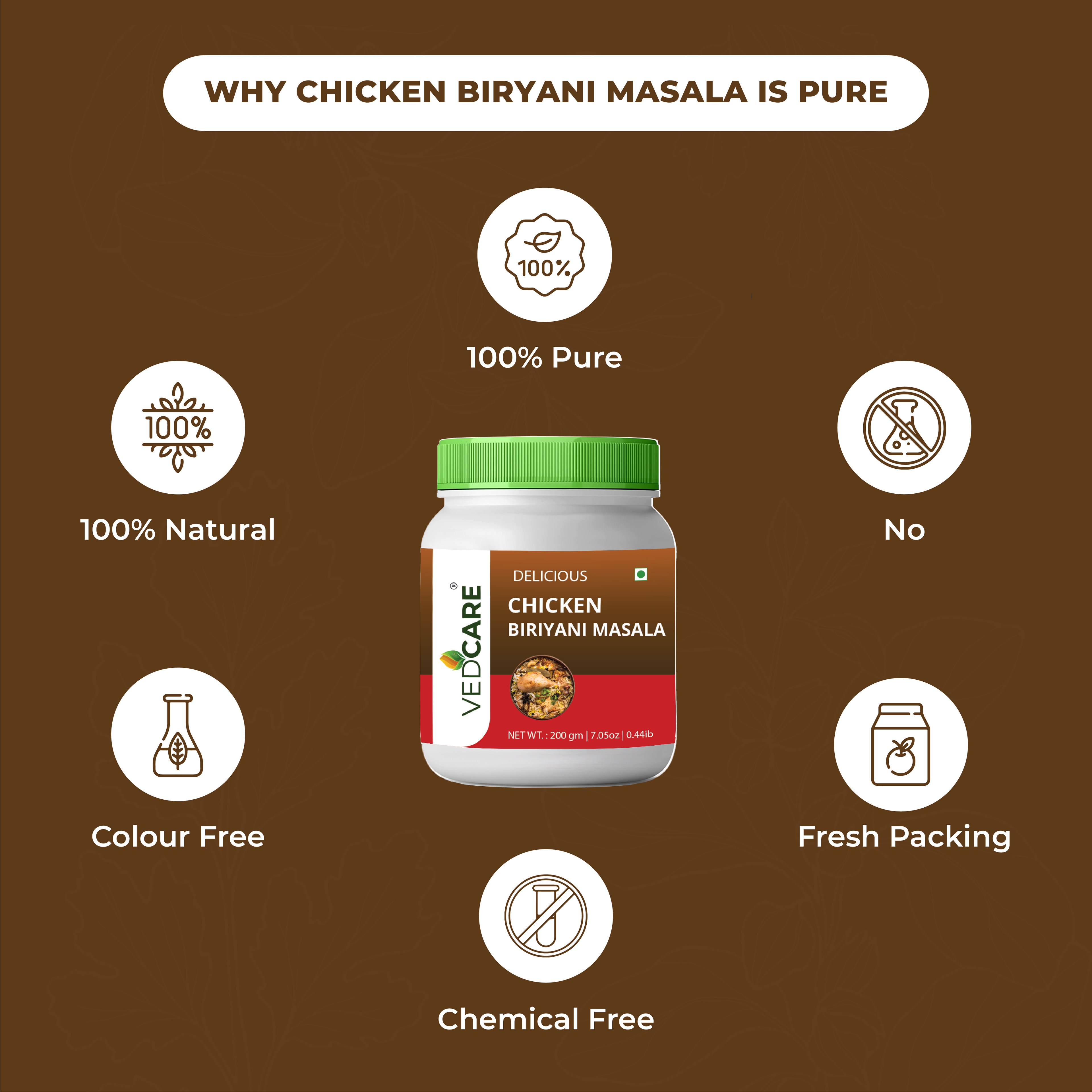 Vedcare Chicken Biryani Masala jar with health benefits on a brown background