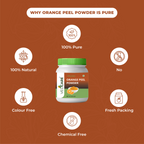 Vedicare Orange Peel Powder jar with purity certification icons on a brown background