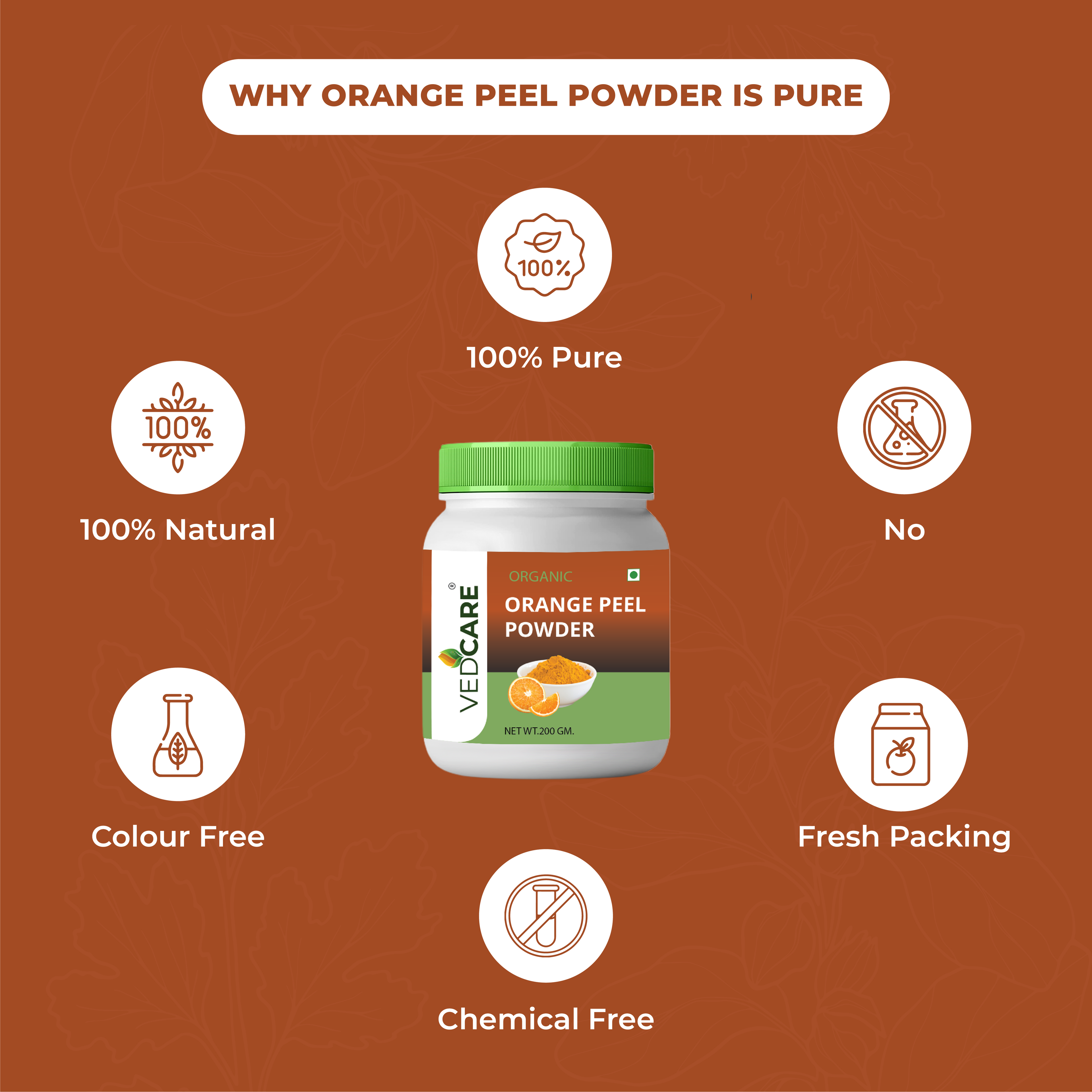 Vedicare Orange Peel Powder jar with purity certification icons on a brown background