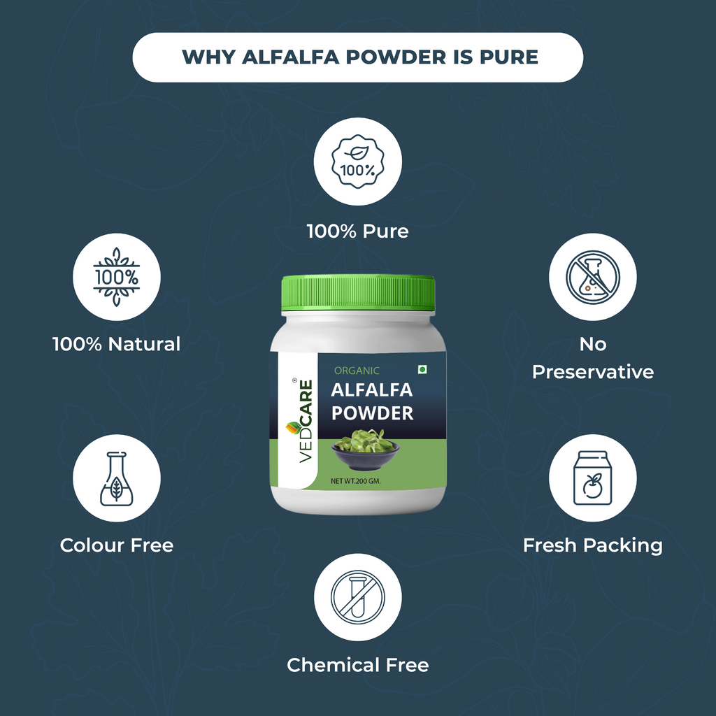 Vedcare Organic Alfalfa Powder jar with purity features on a blue background