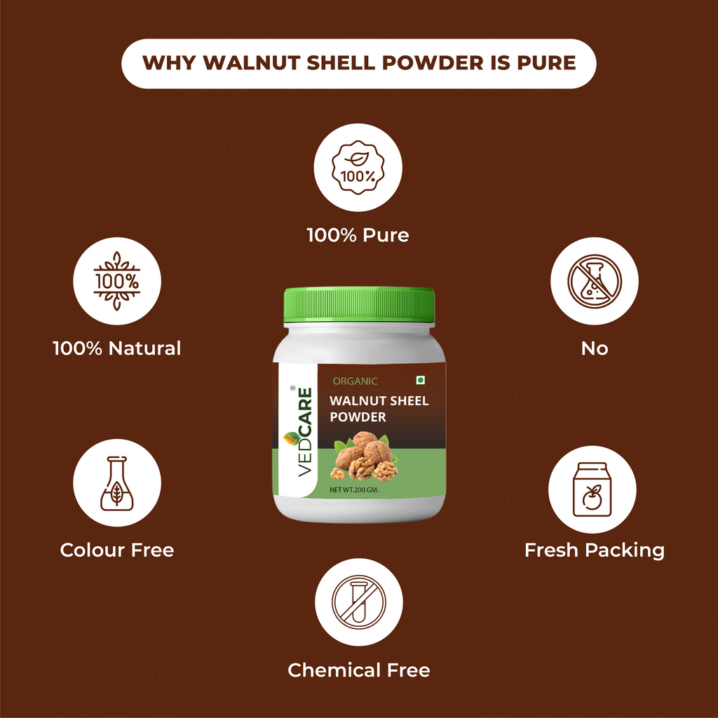 Velcure Walnut Shell Powder jar with health benefits on a brown background