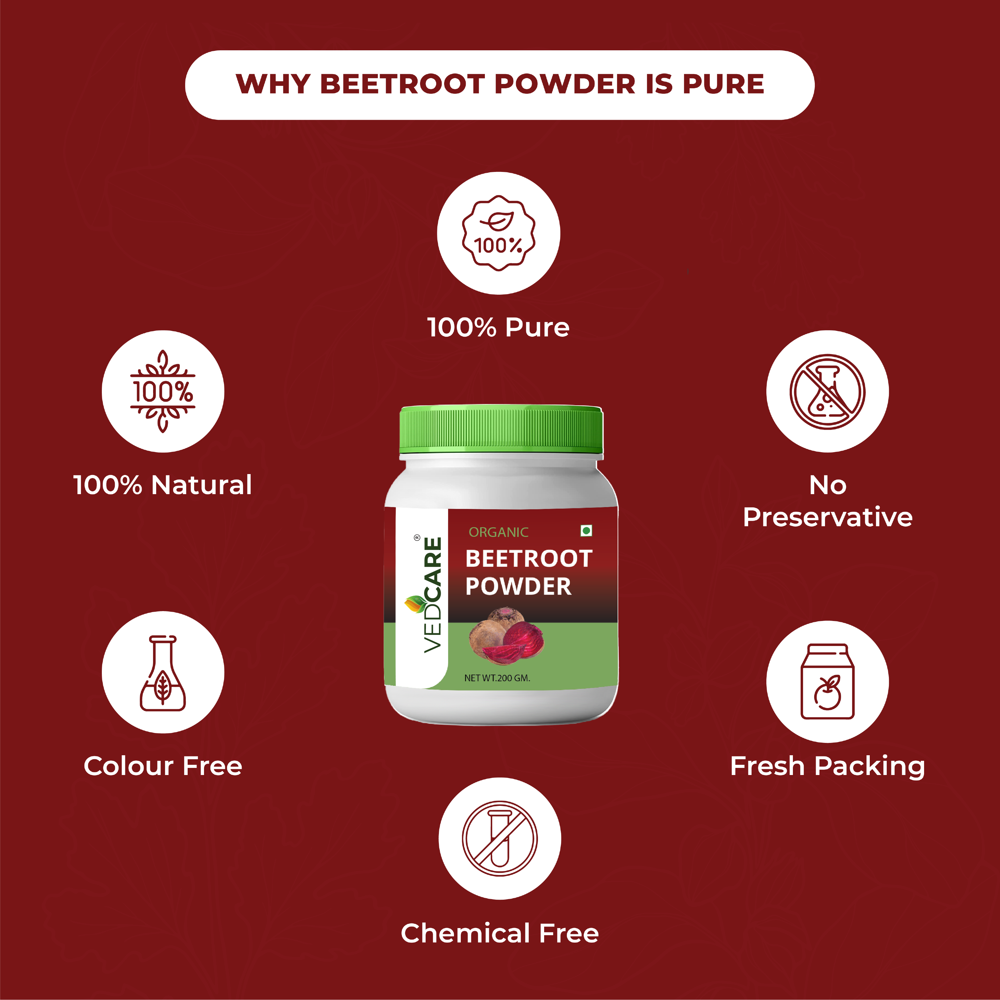 Vedicare Beetroot Powder jar with health benefits on a red background