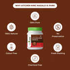 Vedcare Kitchen King Masala jar with purity features on a brown background