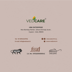 Vedcare business card with contact information and logos on a beige background