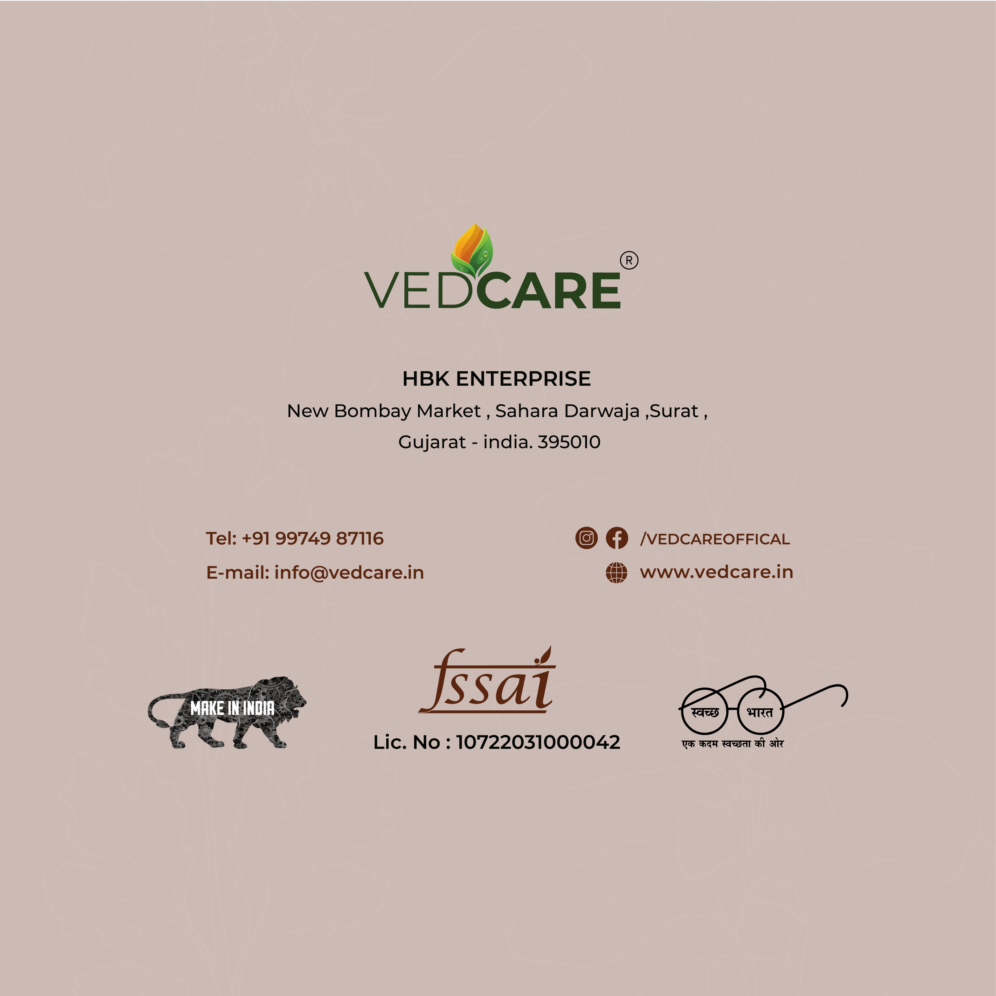 Vedcare business card with contact information and logos on a beige background