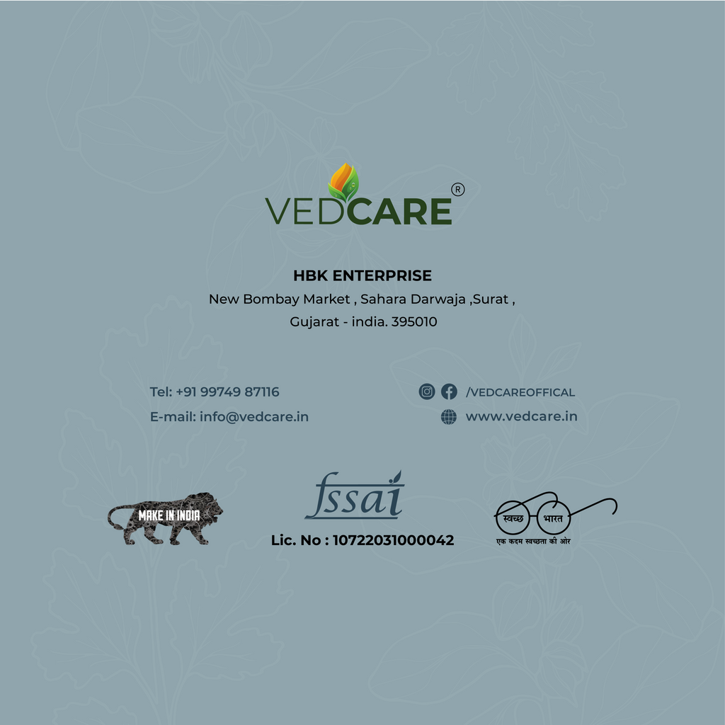 Vedcare branding and contact information on a gray background