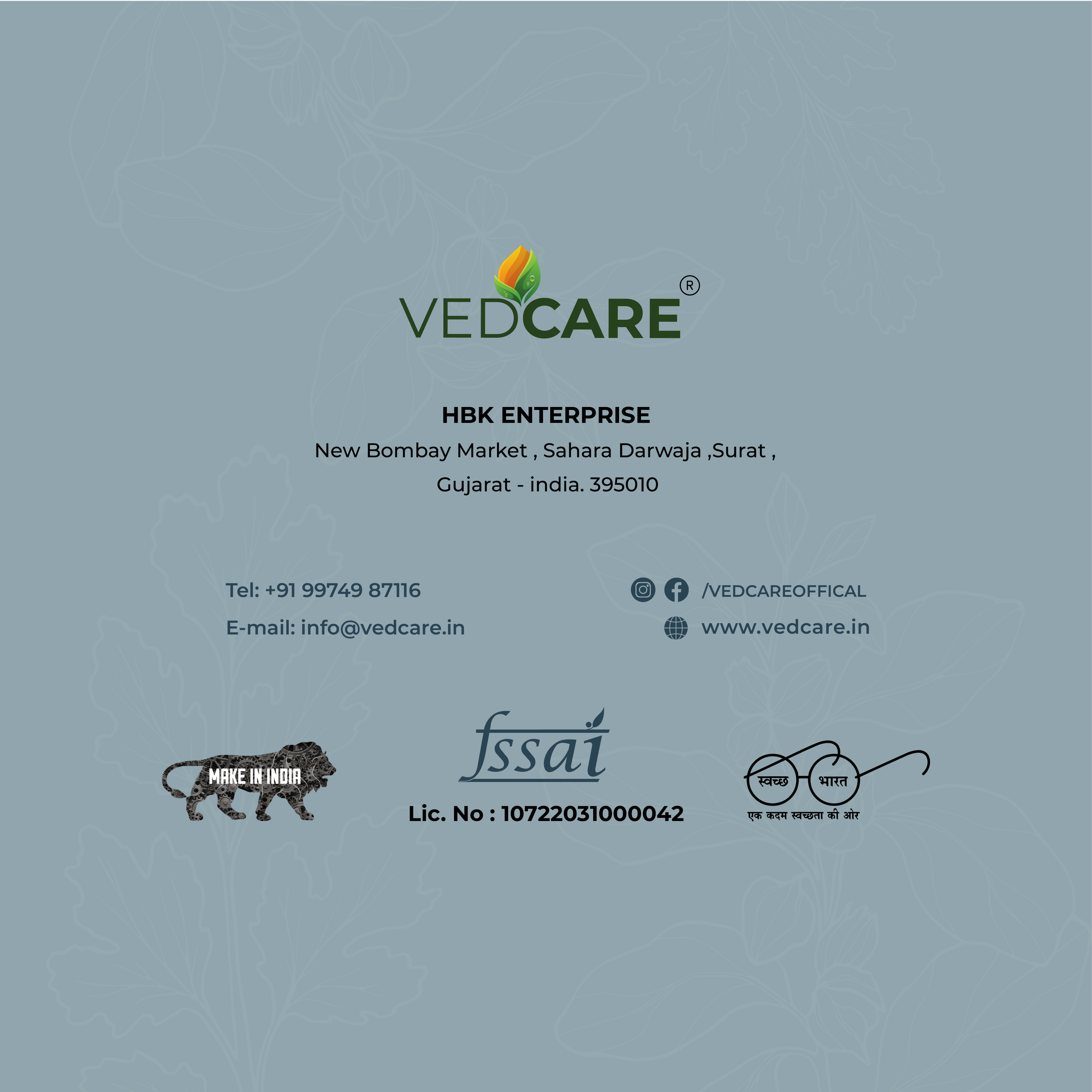 Vedcare branding and contact information on a gray background