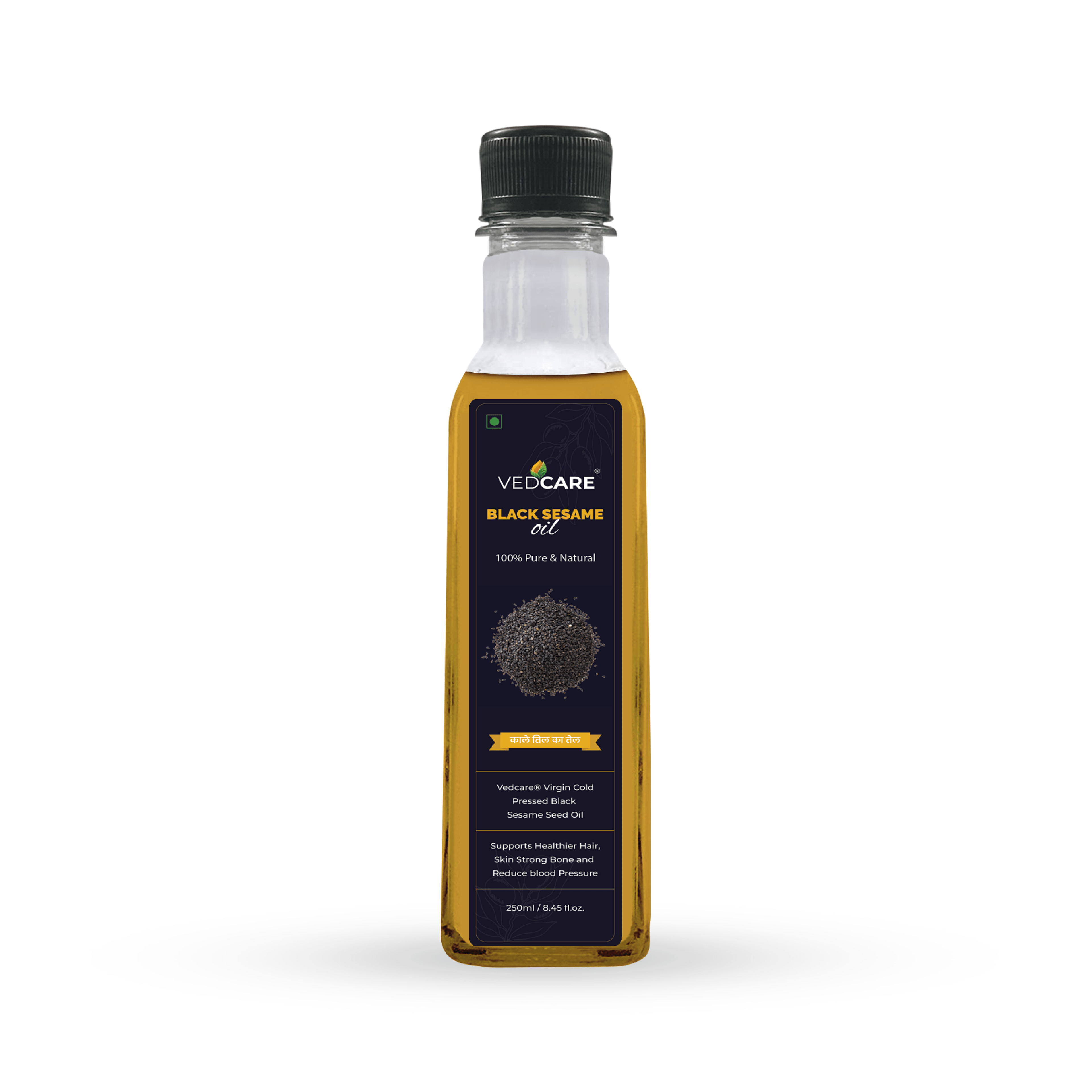 Bottle of Vedicare Black Sesame Oil on a white background