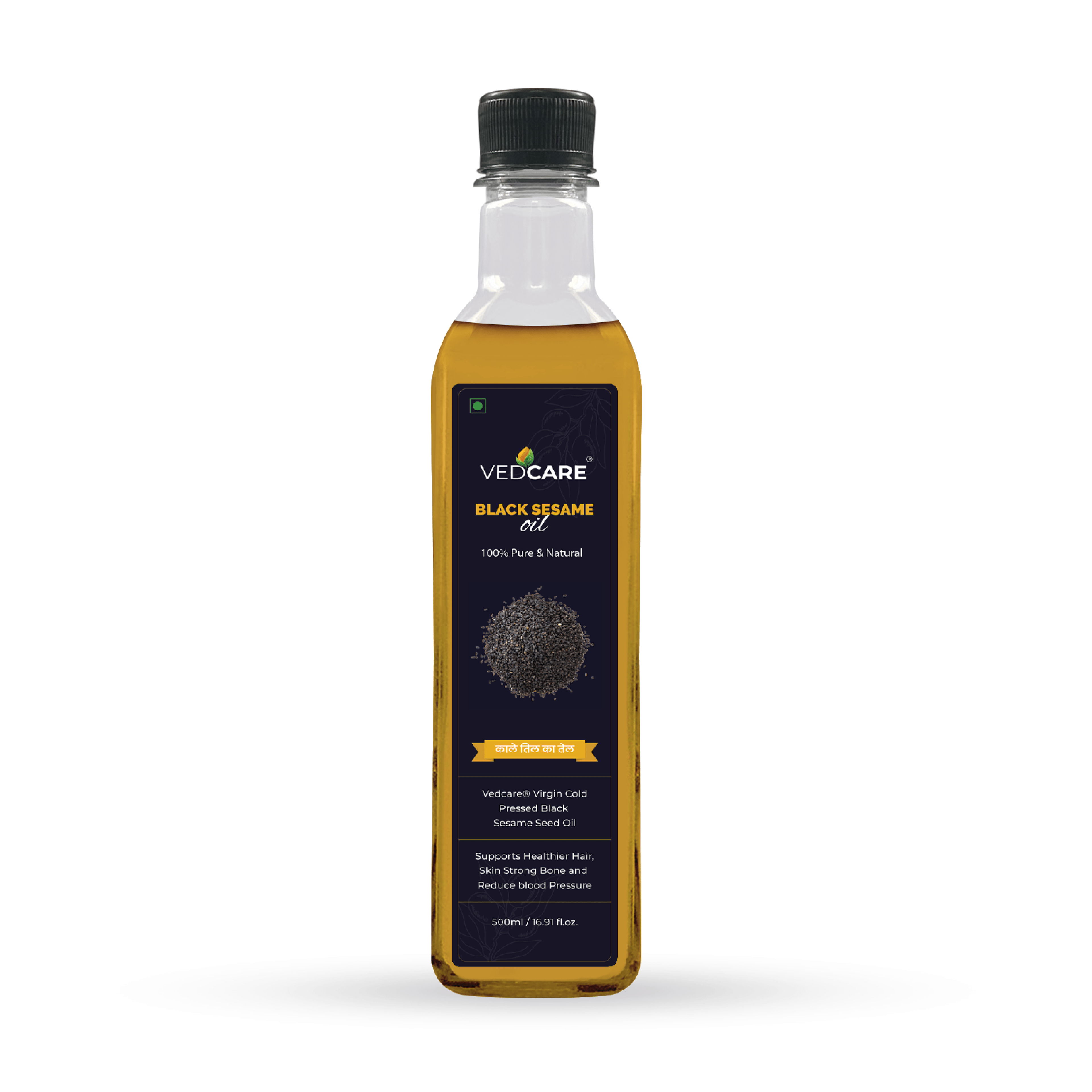 Bottle of Vedicare Black Sesame oil on a white background