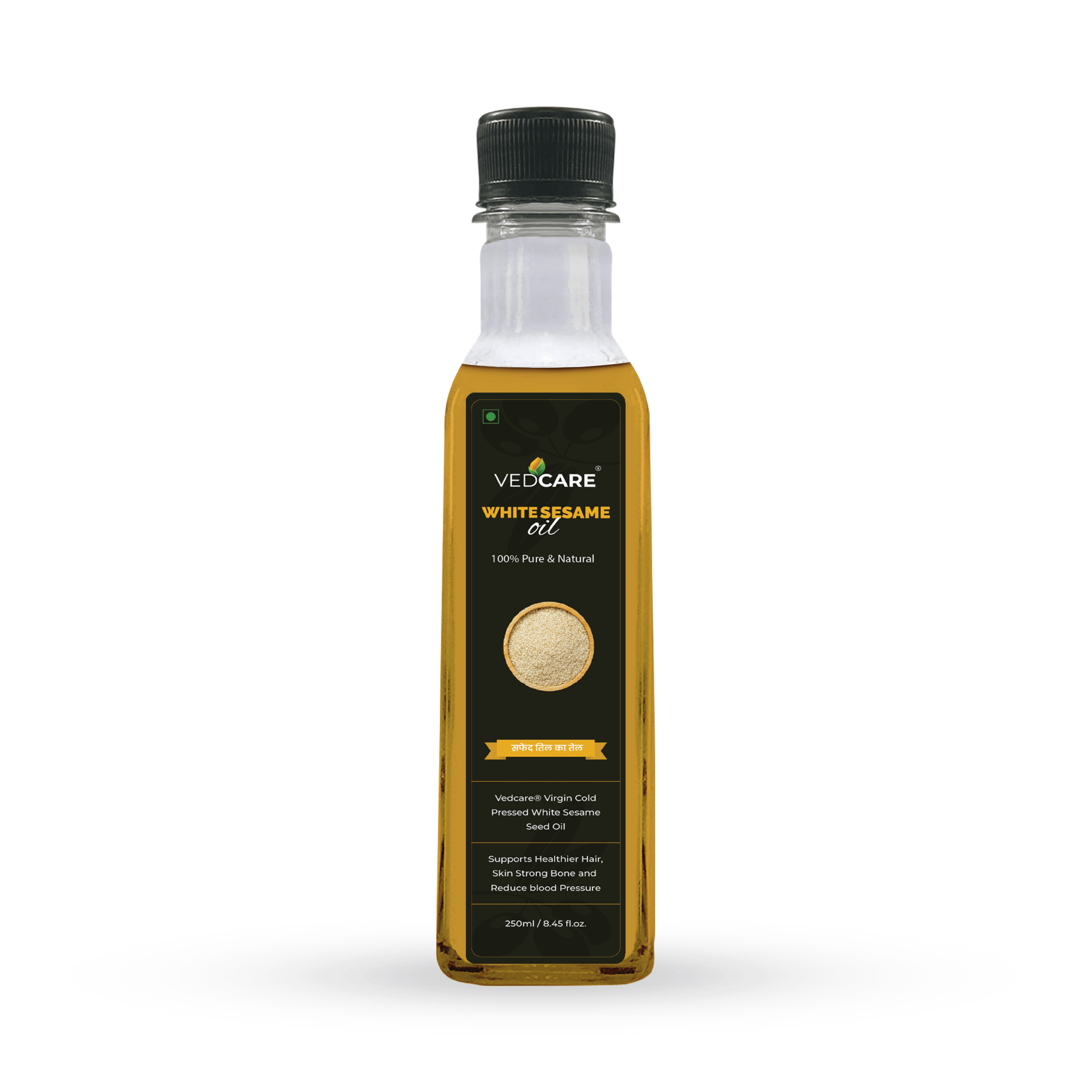 Vedacare white sesame oil bottle on a white background