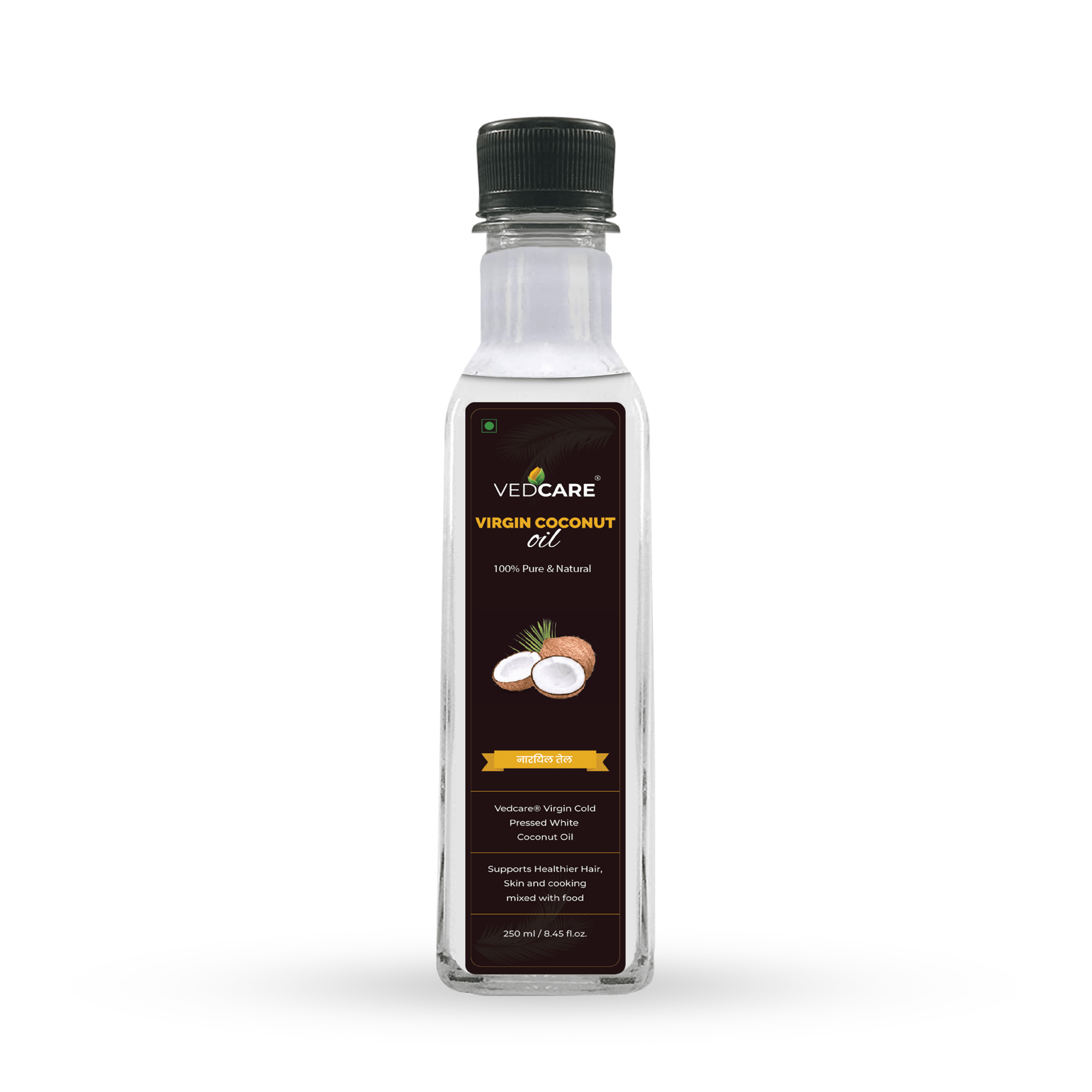 Vedacare Virgin Coconut Oil bottle on a white background
