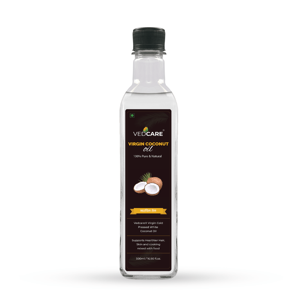 Vedacare Virgin Coconut Oil bottle on a white background