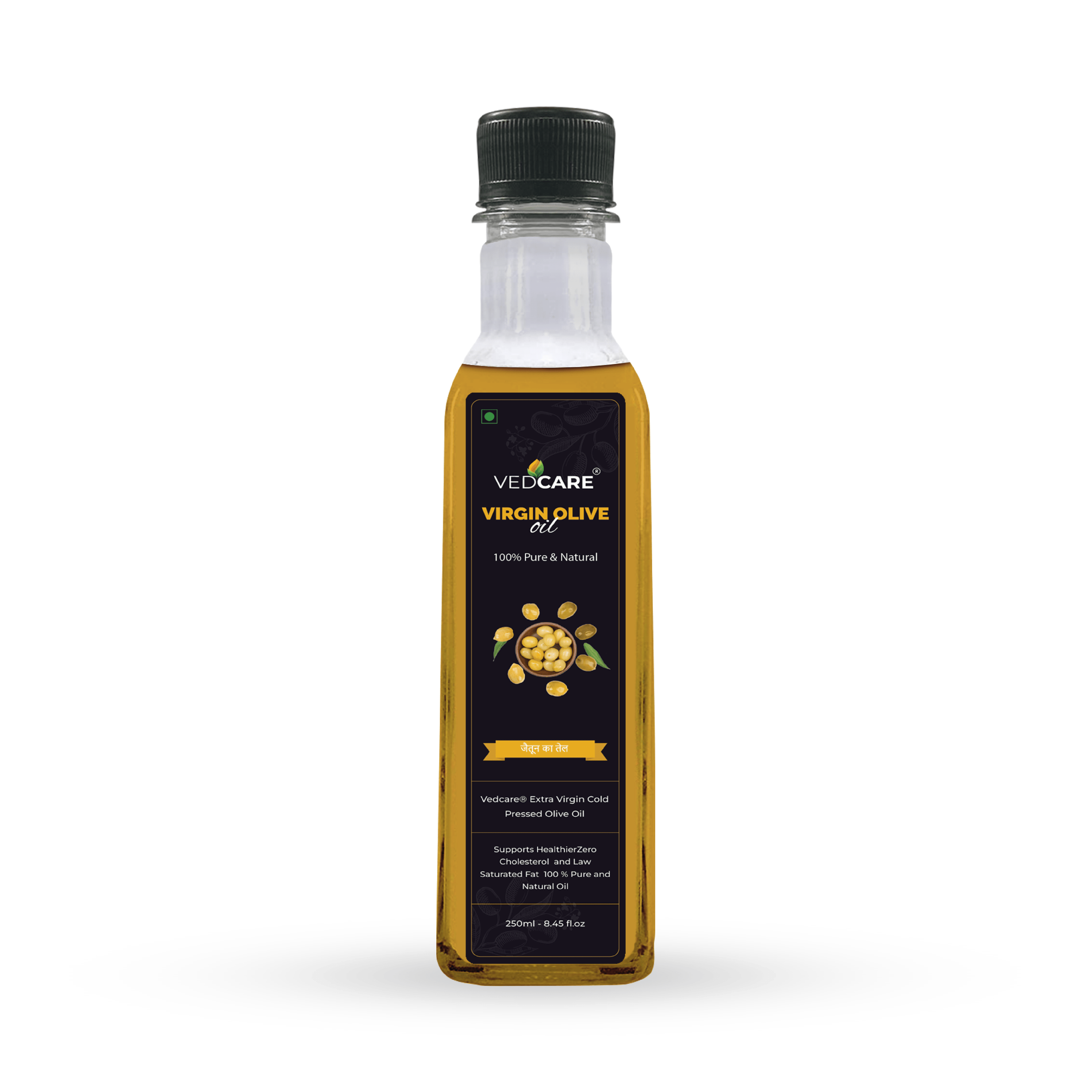 Bottle of Vedicare Virgin Olive Oil on a white background