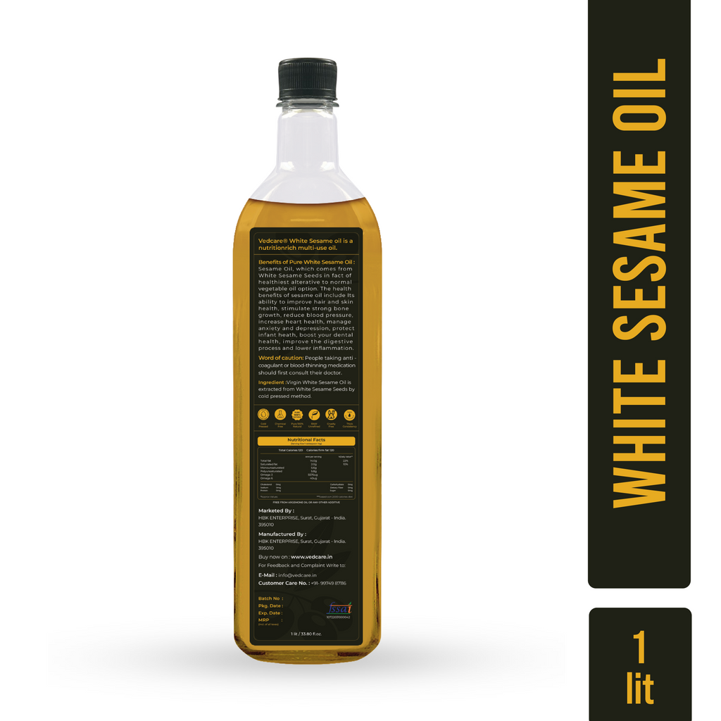 Bottle of white sesame oil with a black label on a white background