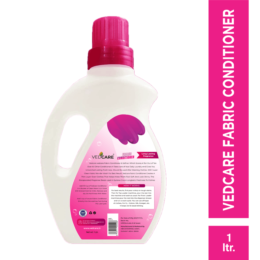 Vedcare fabric conditioner bottle with pink cap and label on a white background
