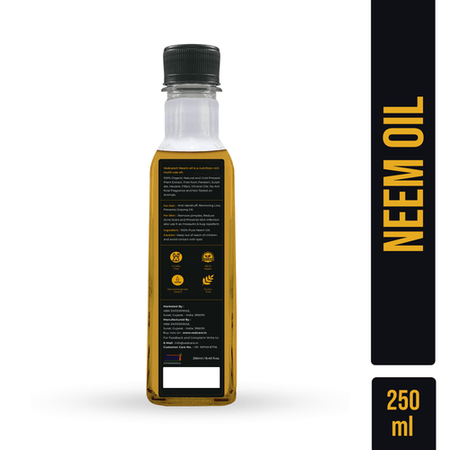 Bottle of neem oil with a black label on a white background