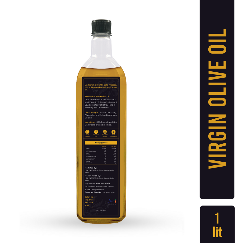 Bottle of virgin olive oil with a black label on a white background
