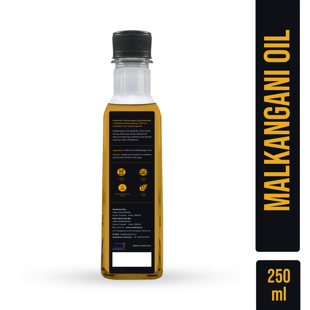 Bottle of Malkangani oil with label on a white background