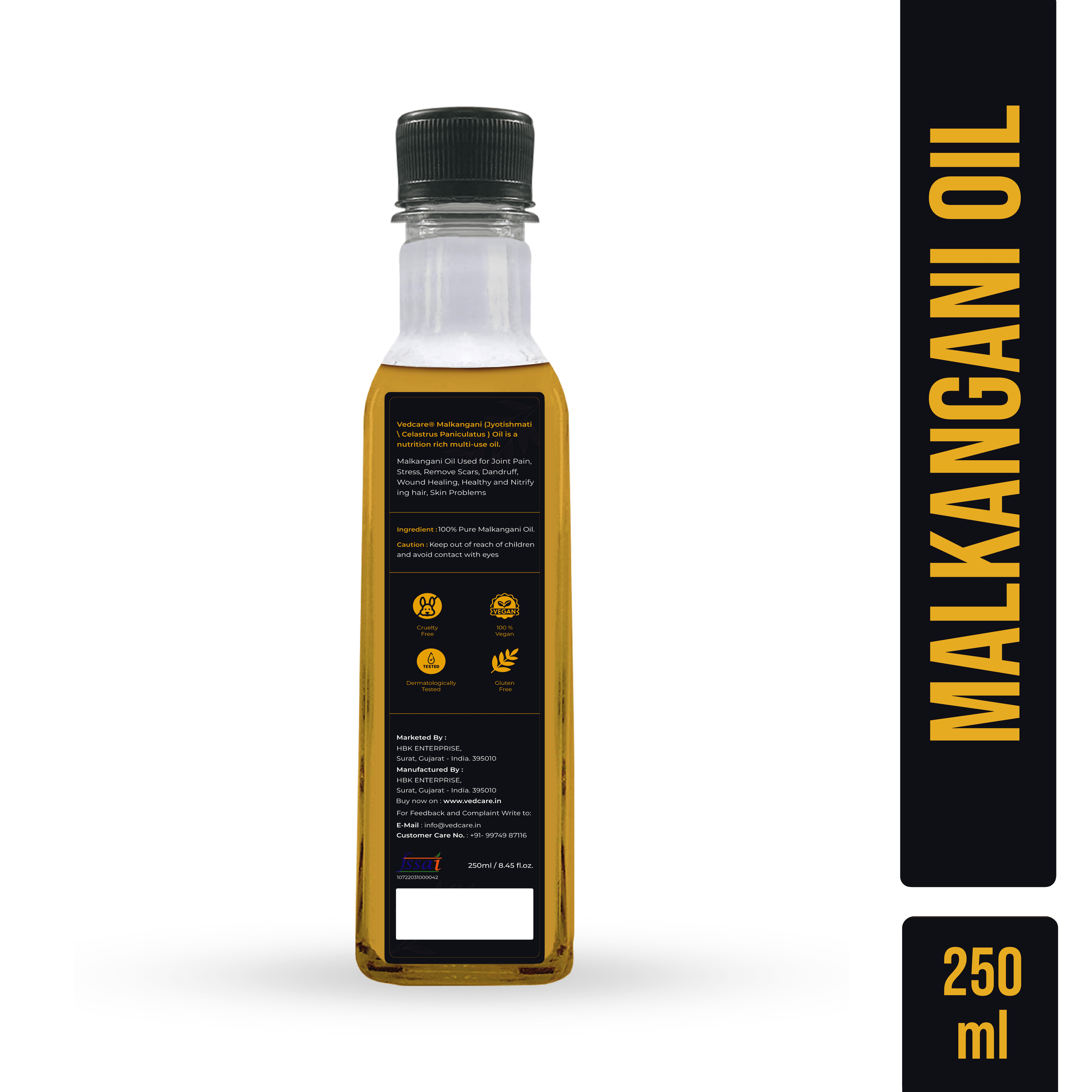 Bottle of Malkangani oil with label on a white background